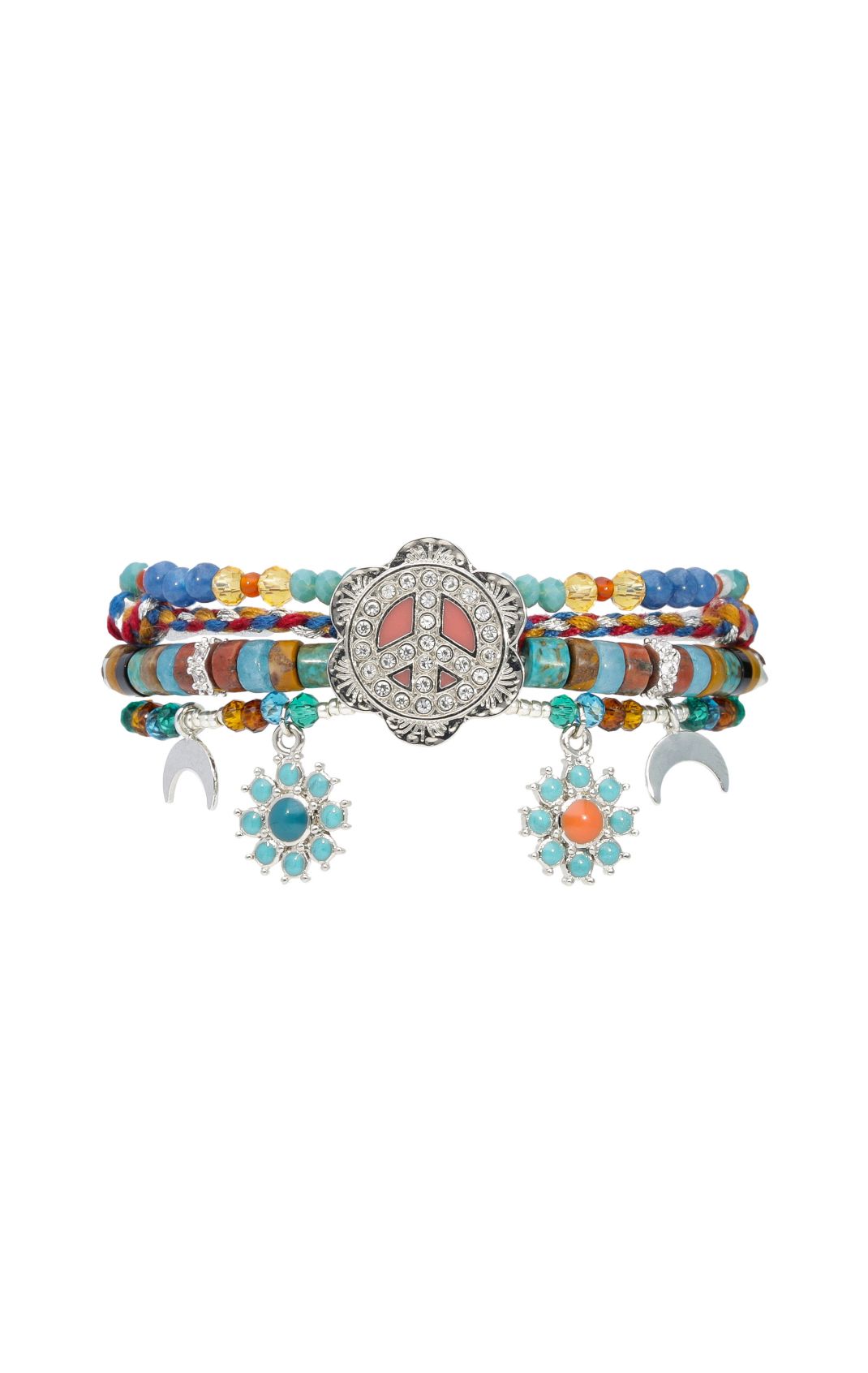 Bracelet manchette multiliens avec cabochon central, pampilles et perles siempre HIPANEMA Argent