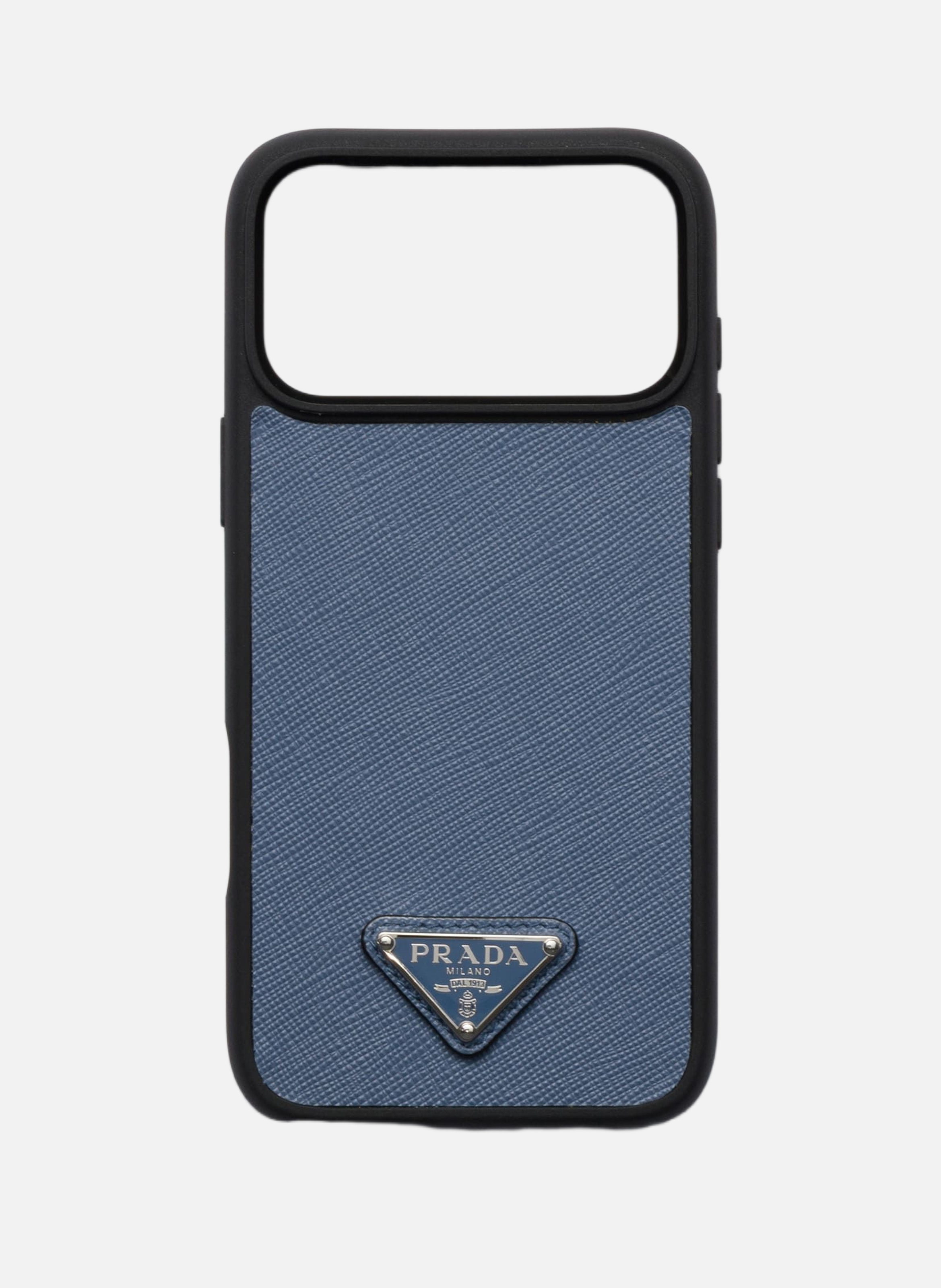 Coque pour iphone 17 pro max en cuir saffiano PRADA Bleu