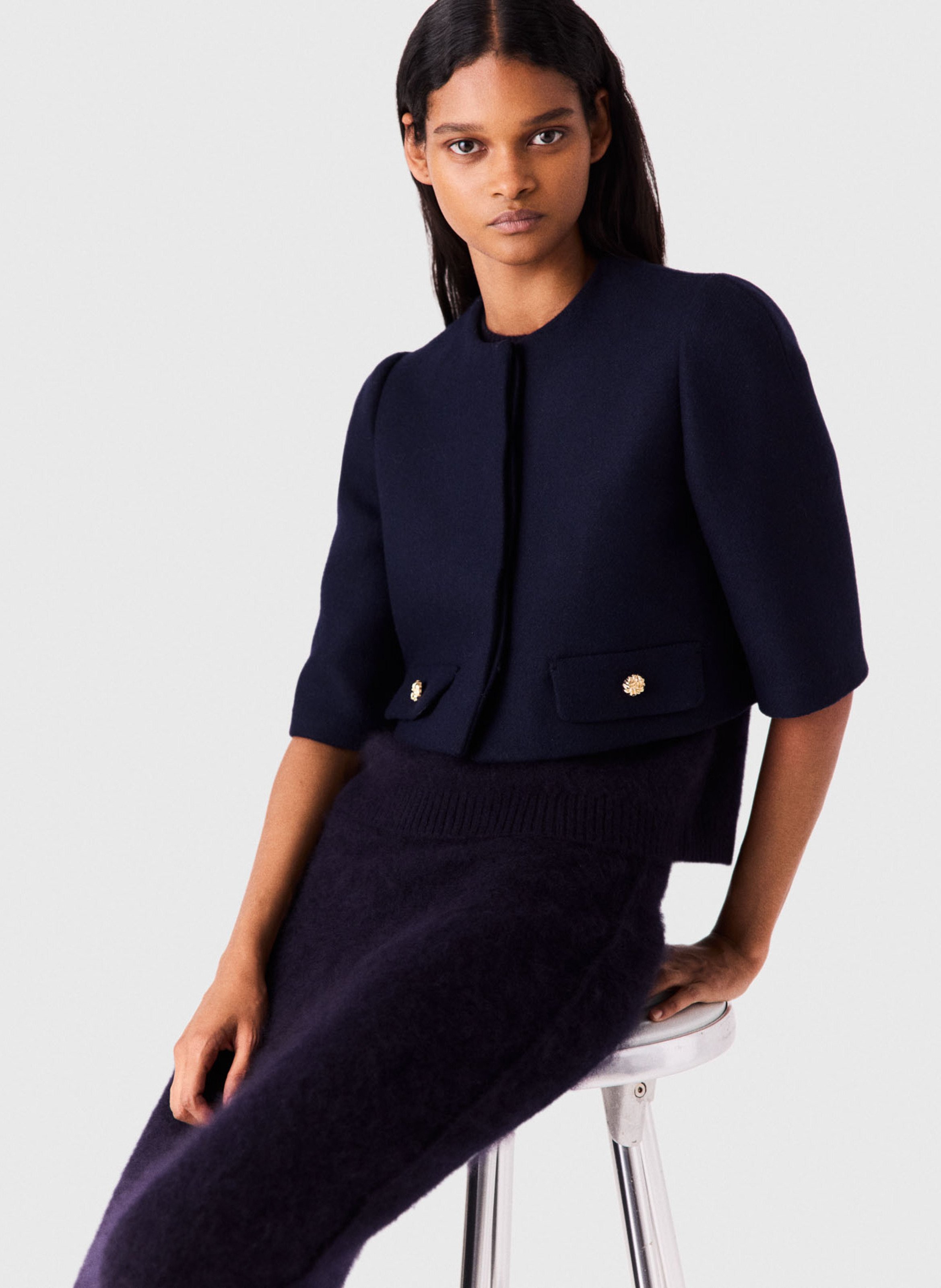 Veste courte col rond en laine mélangée MAJE Bleu