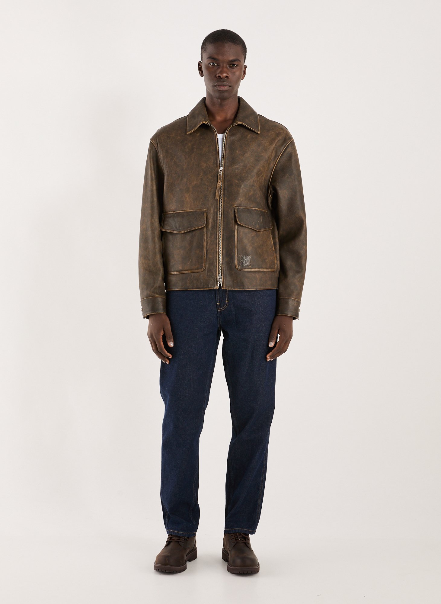 Straight leather jacket CALEB Brown