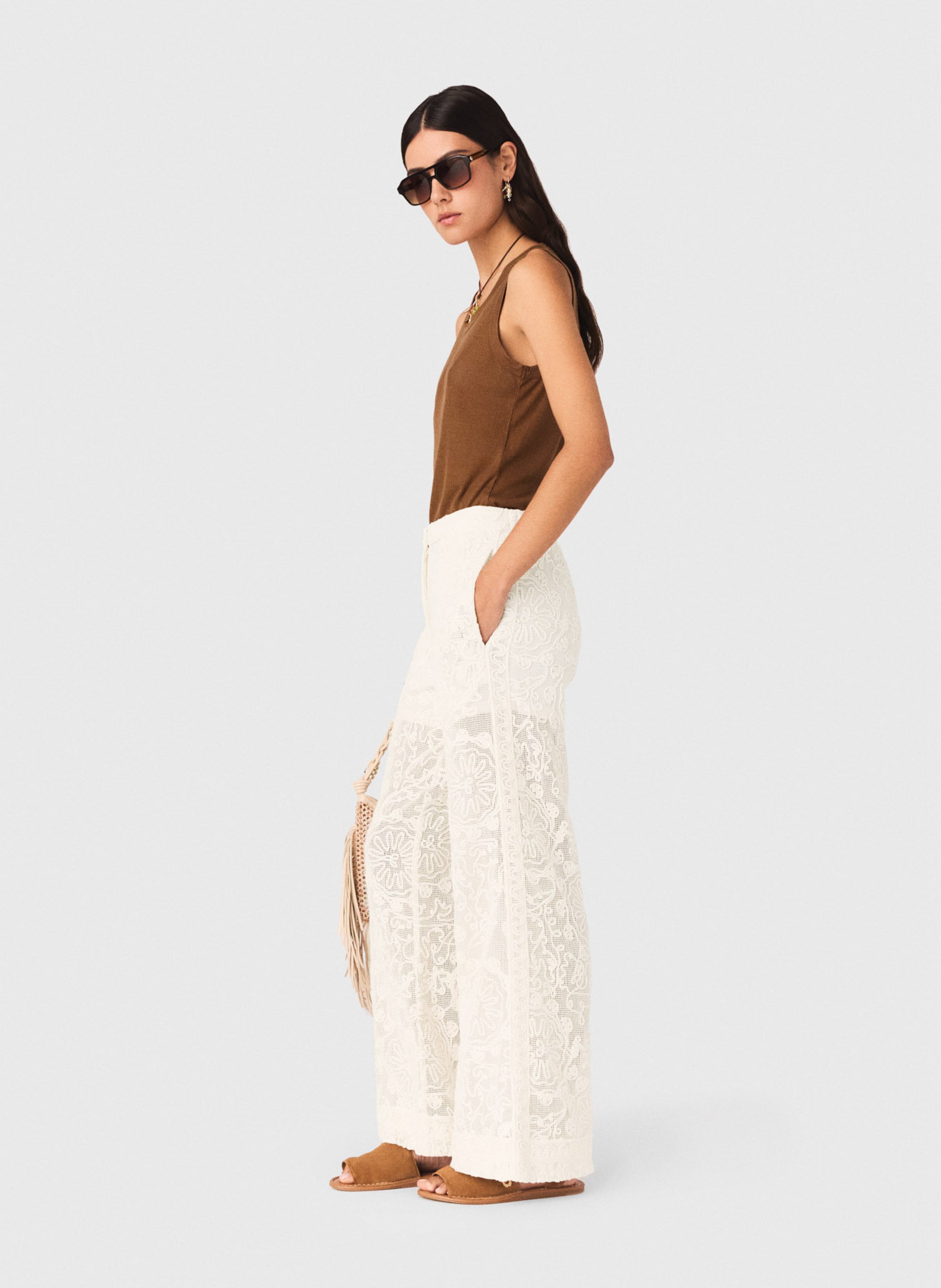 Pantalon flare brodé Beige