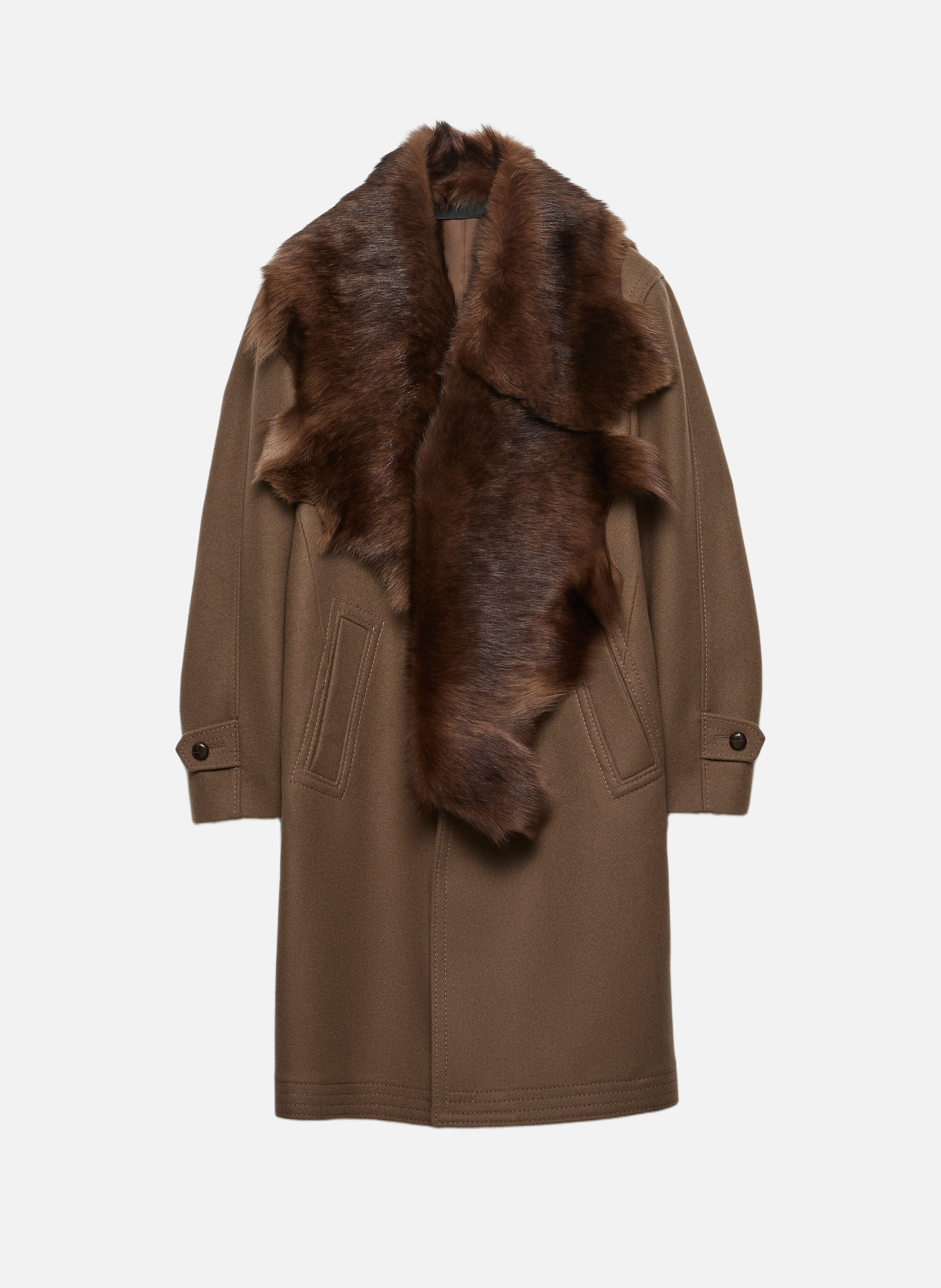 PRADA Manteau en laine avec col en shearling Marron