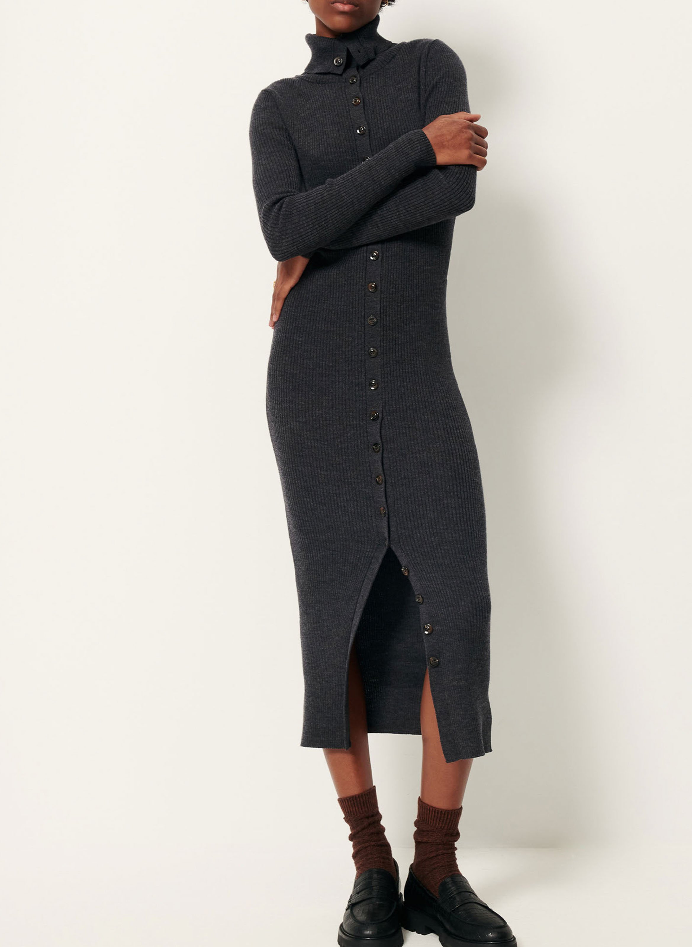 SESSUN Robe longue col montant en laine mérinos côtelée shimalong Gris