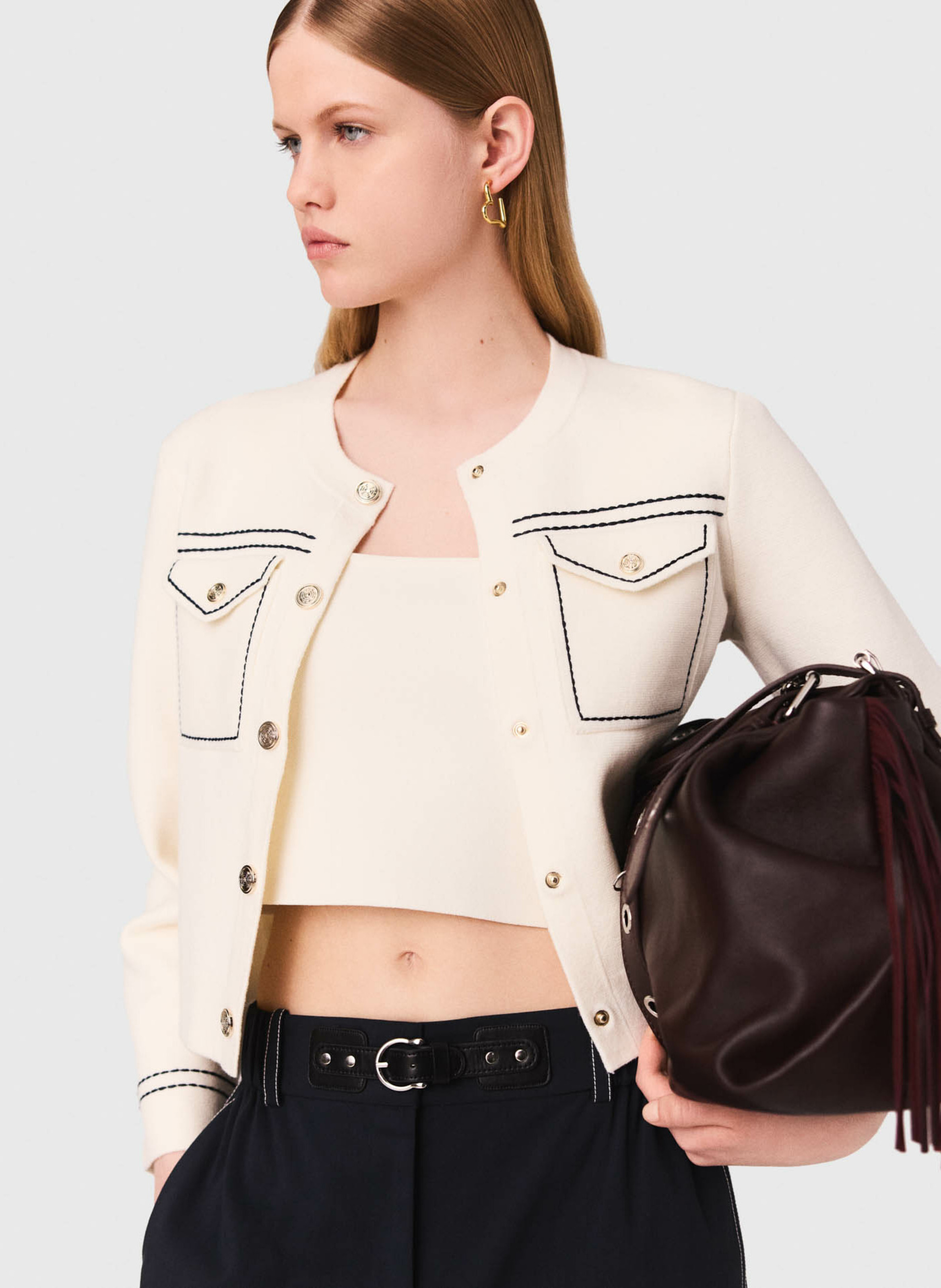 MAJE Gilet col rond en coton mélangé Blanc