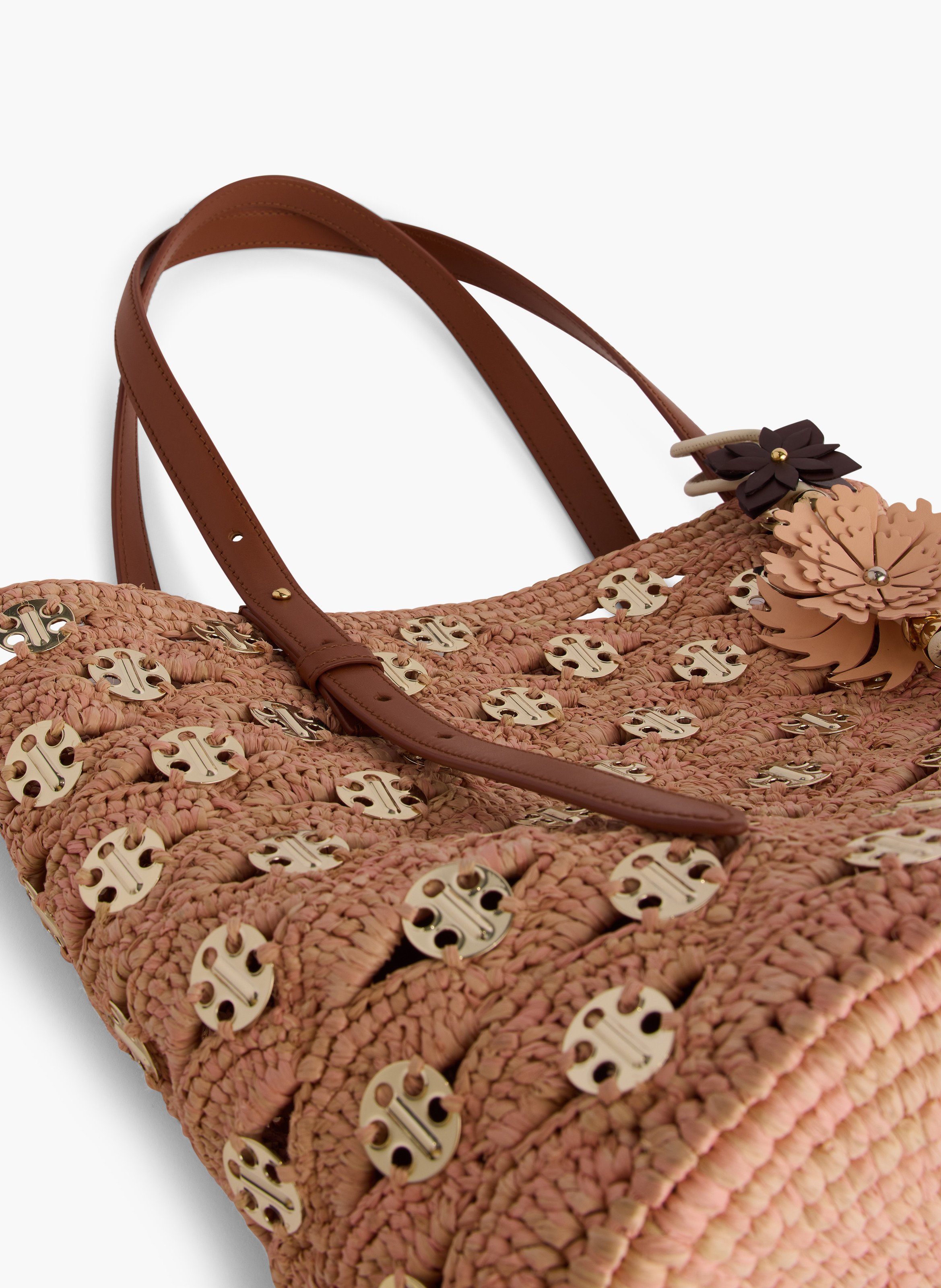 Grand sac seau en raphia naturel avec disques signature 1969 RABANNE Doré