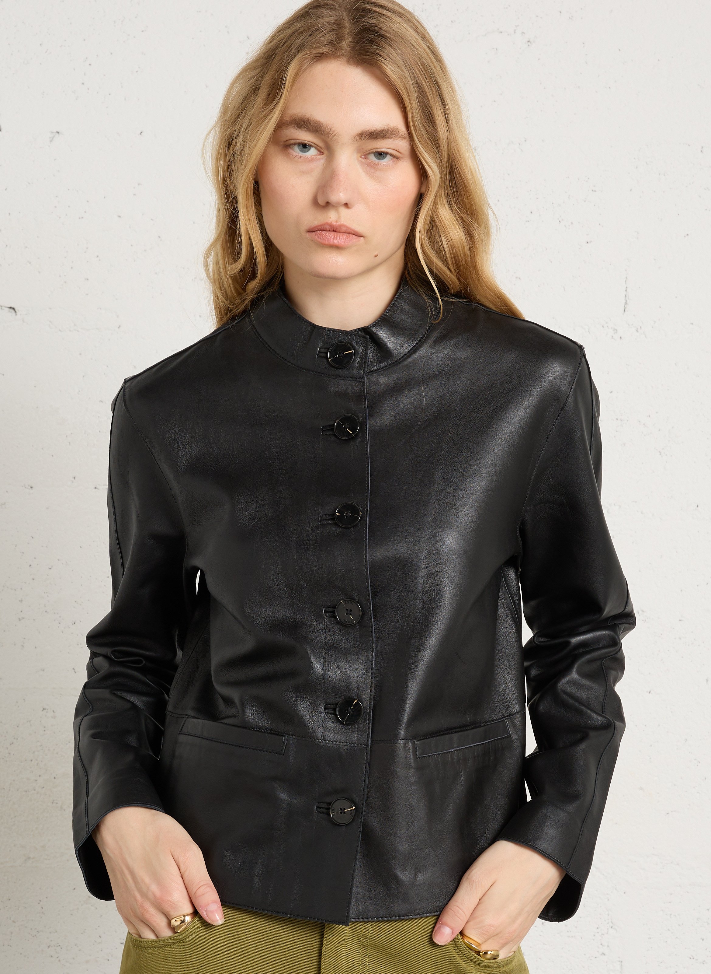 Veste en cuir droite IKKS Noir