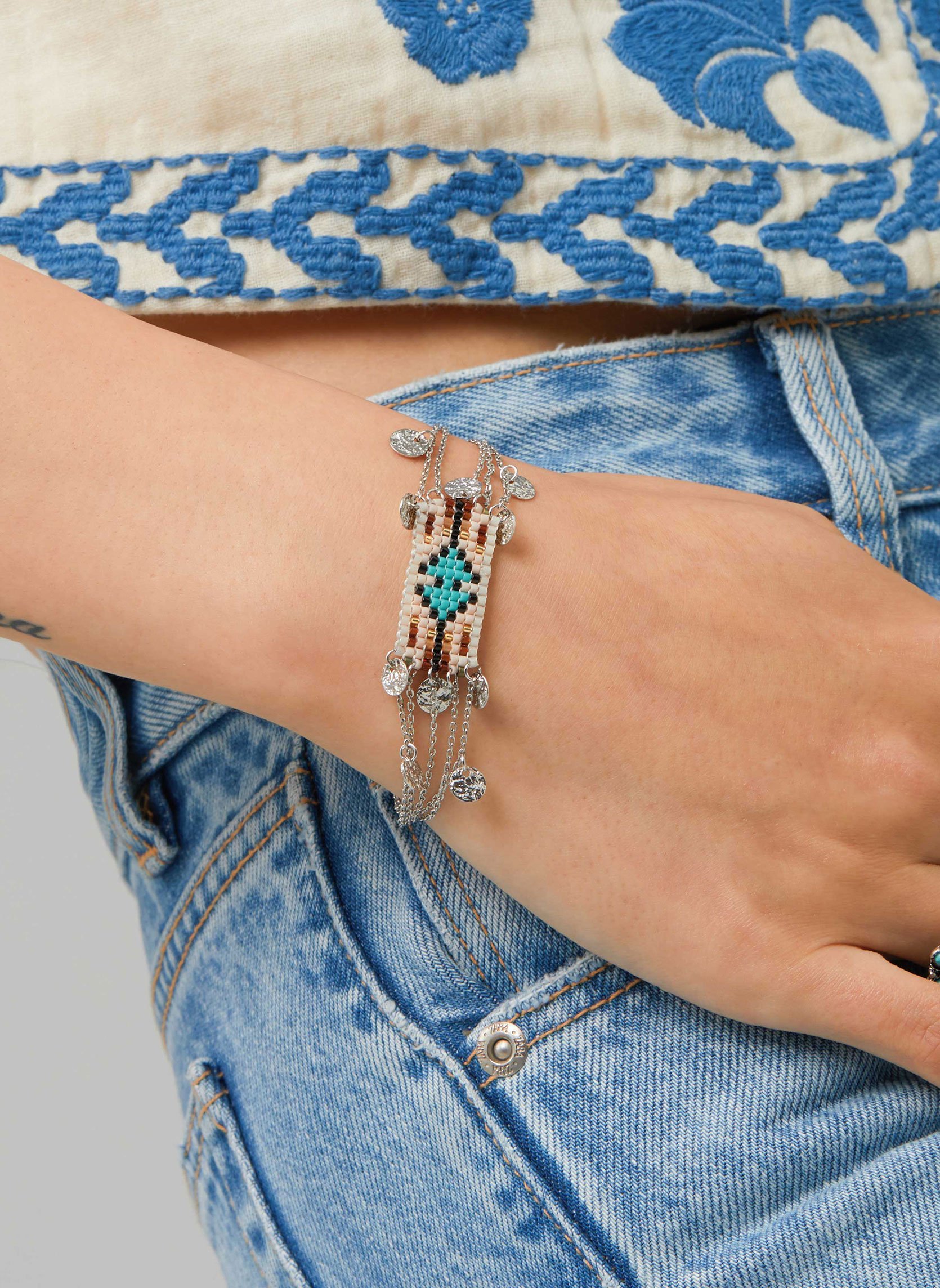 Bracelet ajustable multi-chaines hatchee HIPANEMA Argent