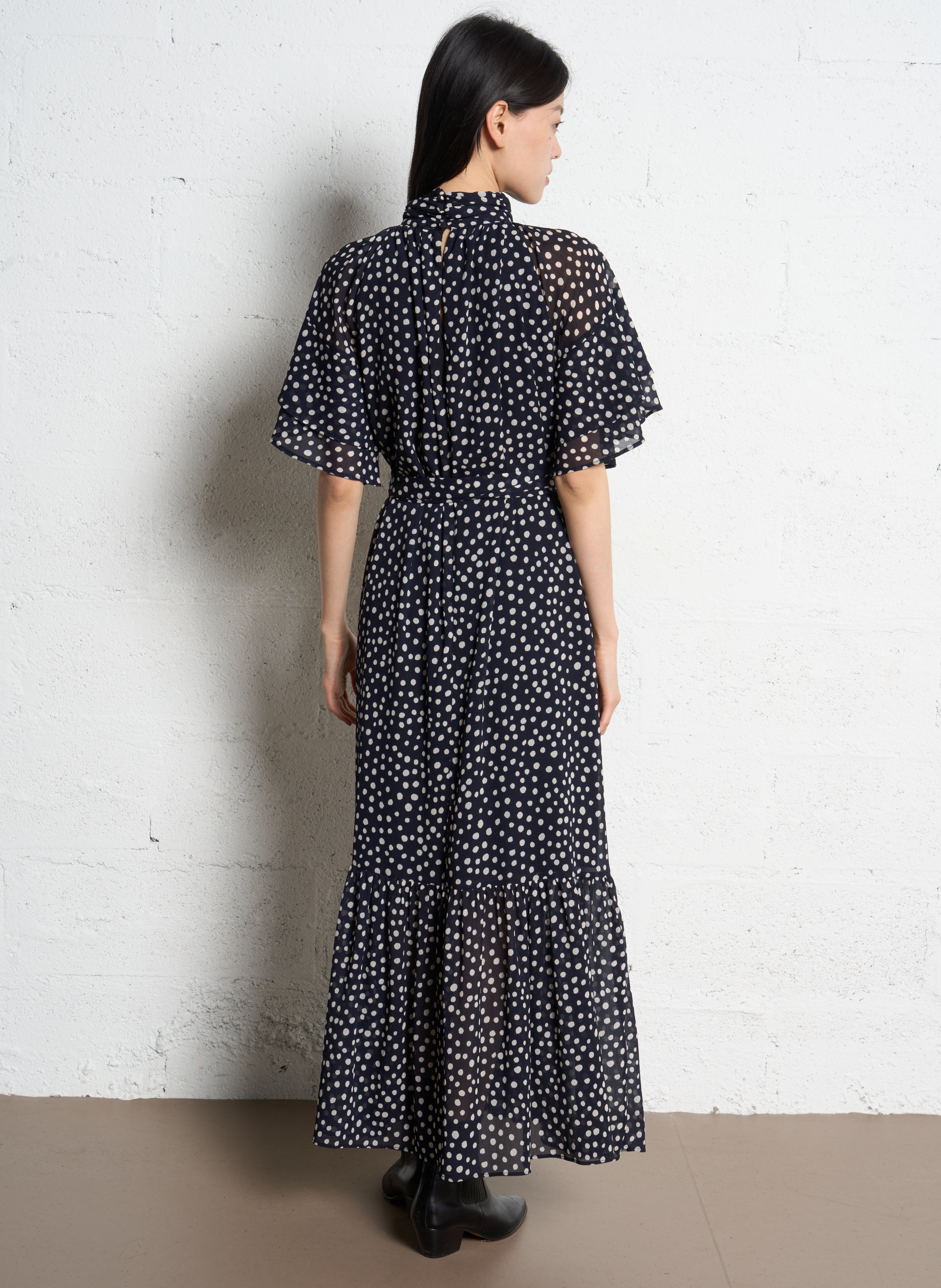 Robe longue col montant à pois IKKS Bleu