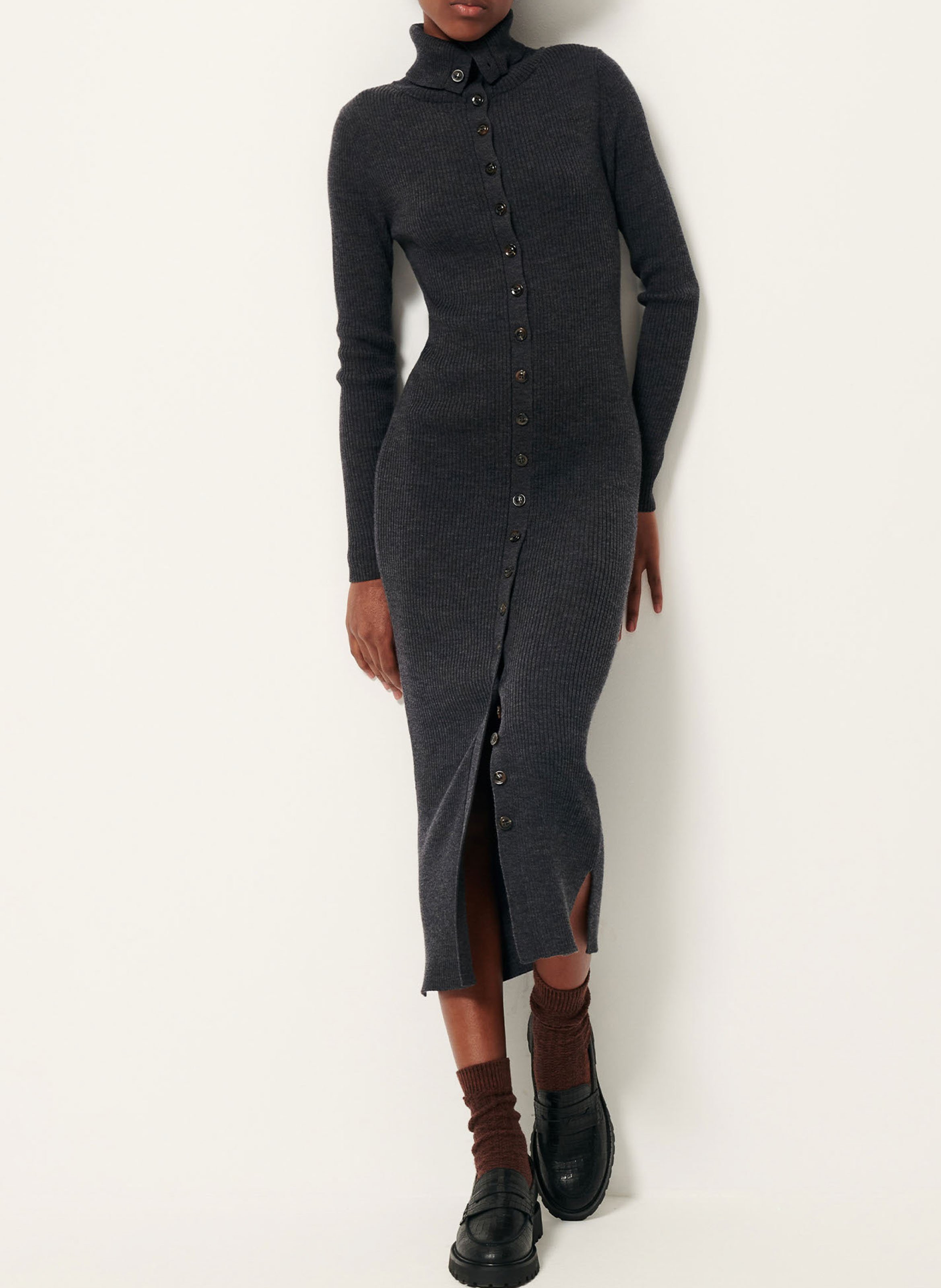 Robe longue col montant en laine mérinos côtelée shimalong SESSUN Gris