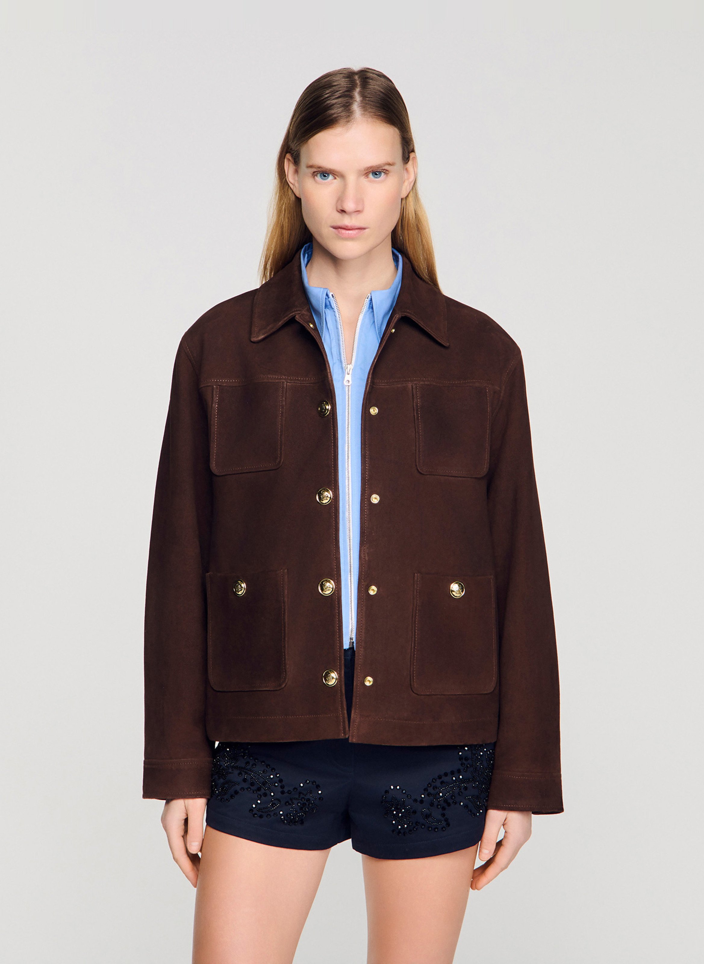 Blouson droit en cuir SANDRO Marron