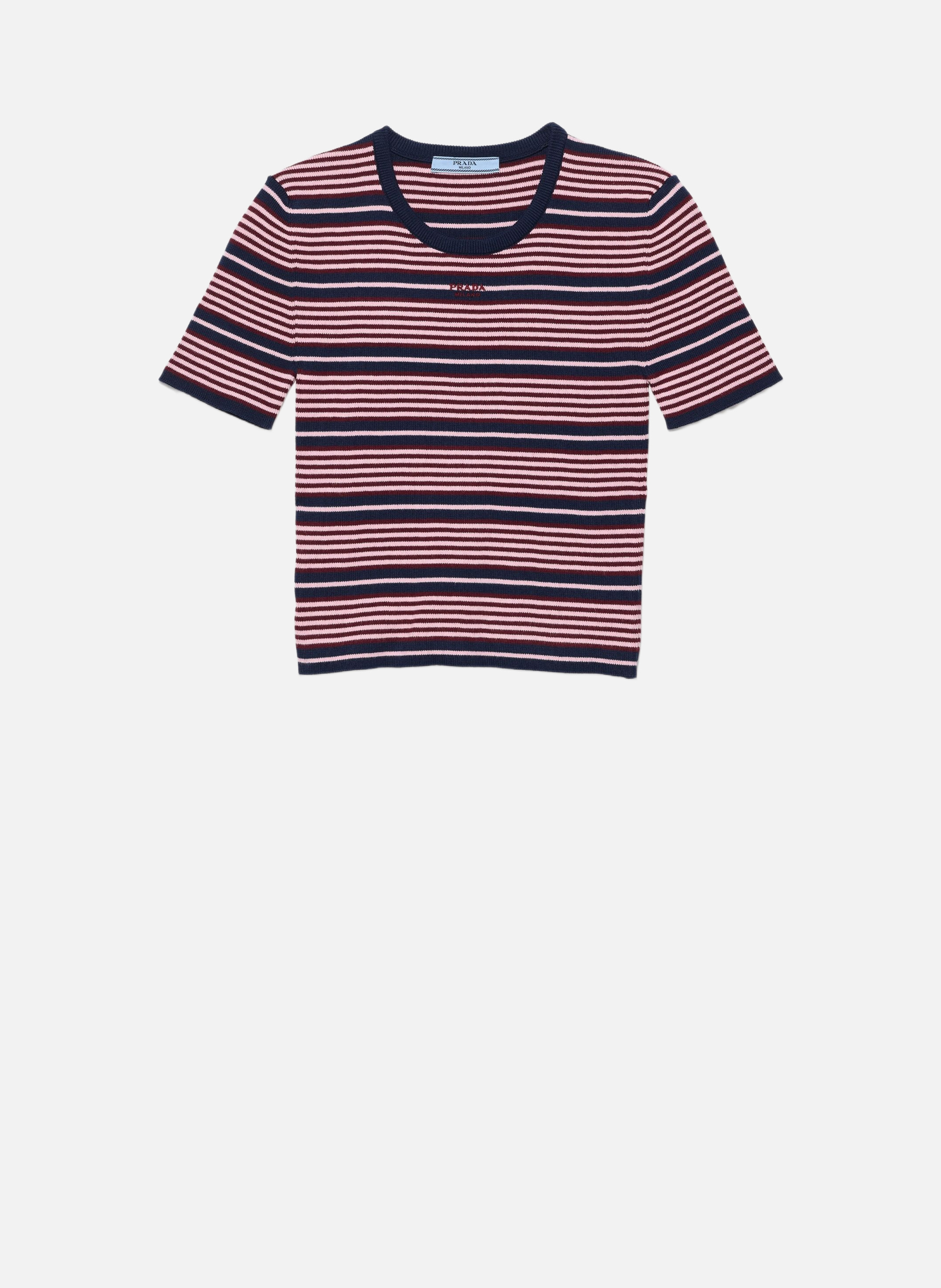Pull en coton rayé à manches courtes PRADA Bleu
