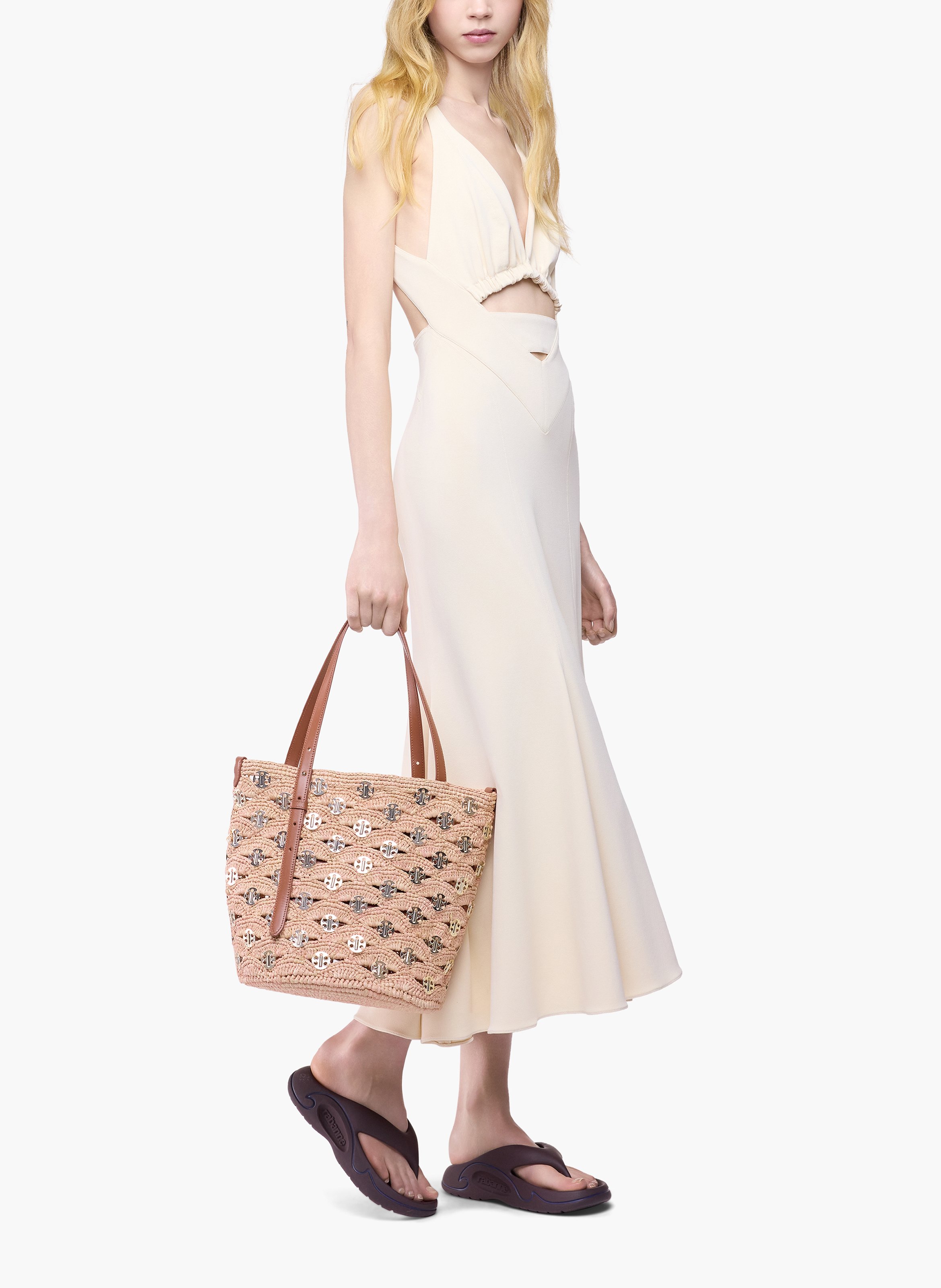 Grand sac seau en raphia naturel avec disques signature 1969 RABANNE Doré