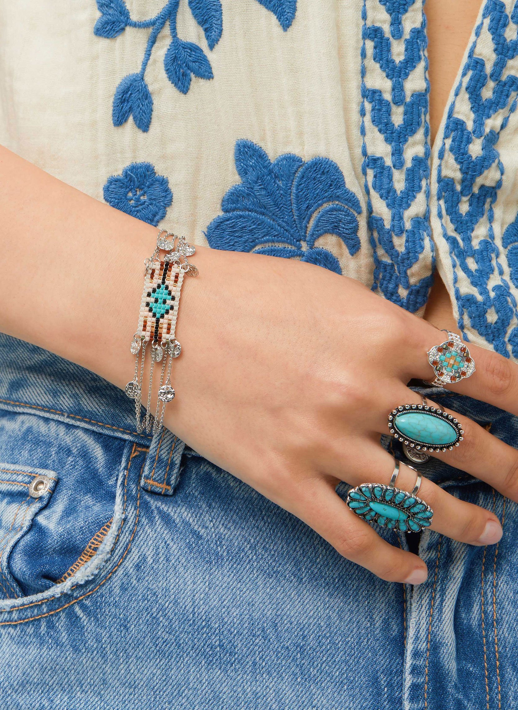 Bracelet ajustable multi-chaines hatchee HIPANEMA Argent