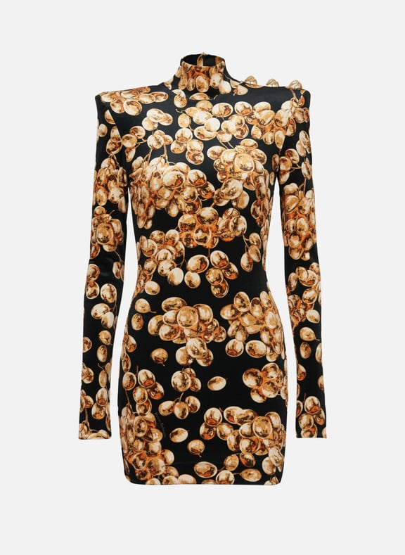 Robe courte en velours imprimé raisin Doré by BALMAIN BALMAIN Robe courte en velours imprimé raisin Doré