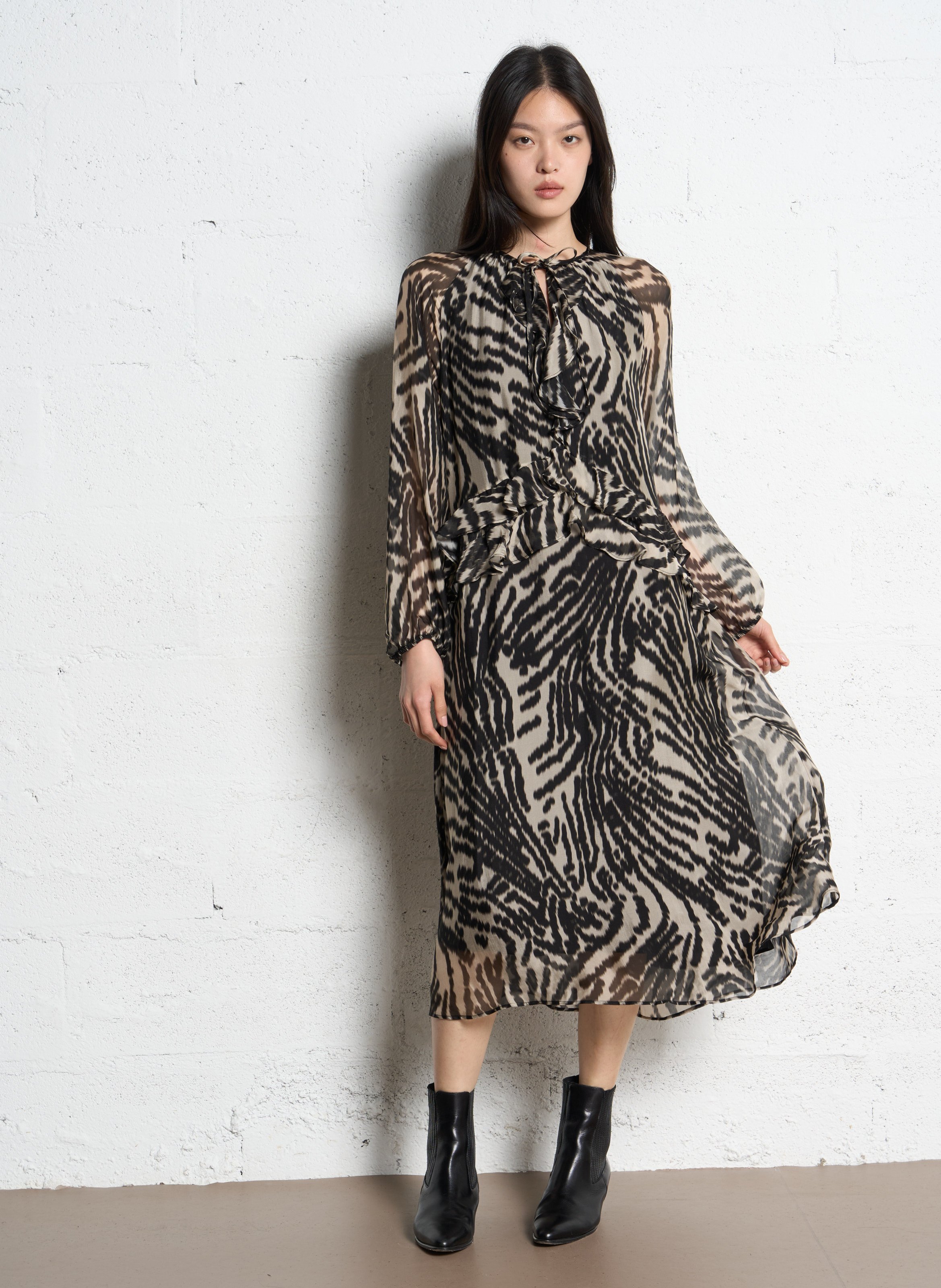 Robe midi col v imprimée IKKS Noir