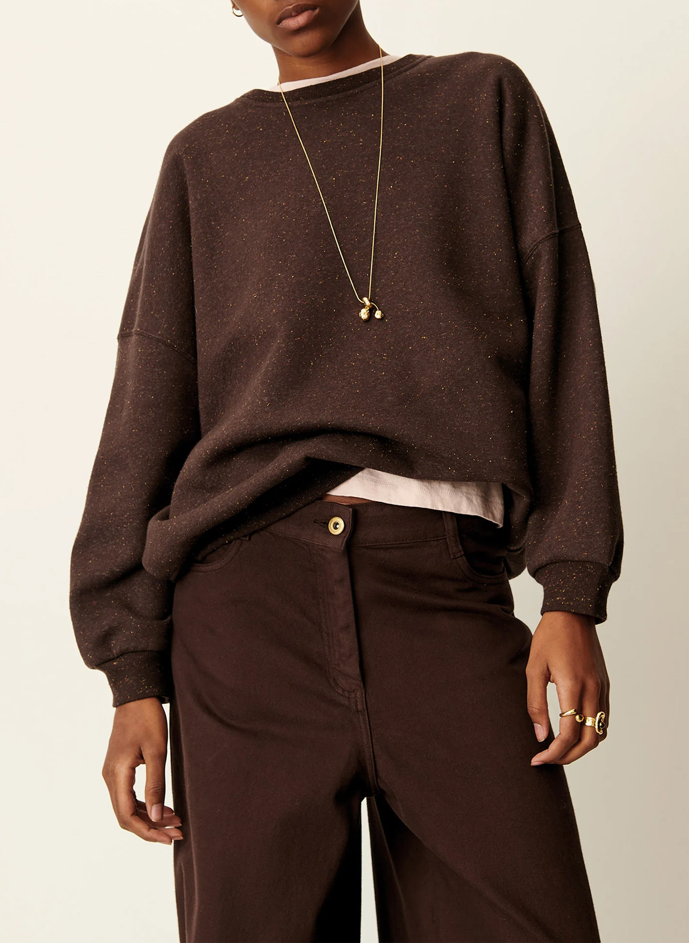 Sweat ample col rond moucheté en coton bio mélangé chebbi SESSUN Marron