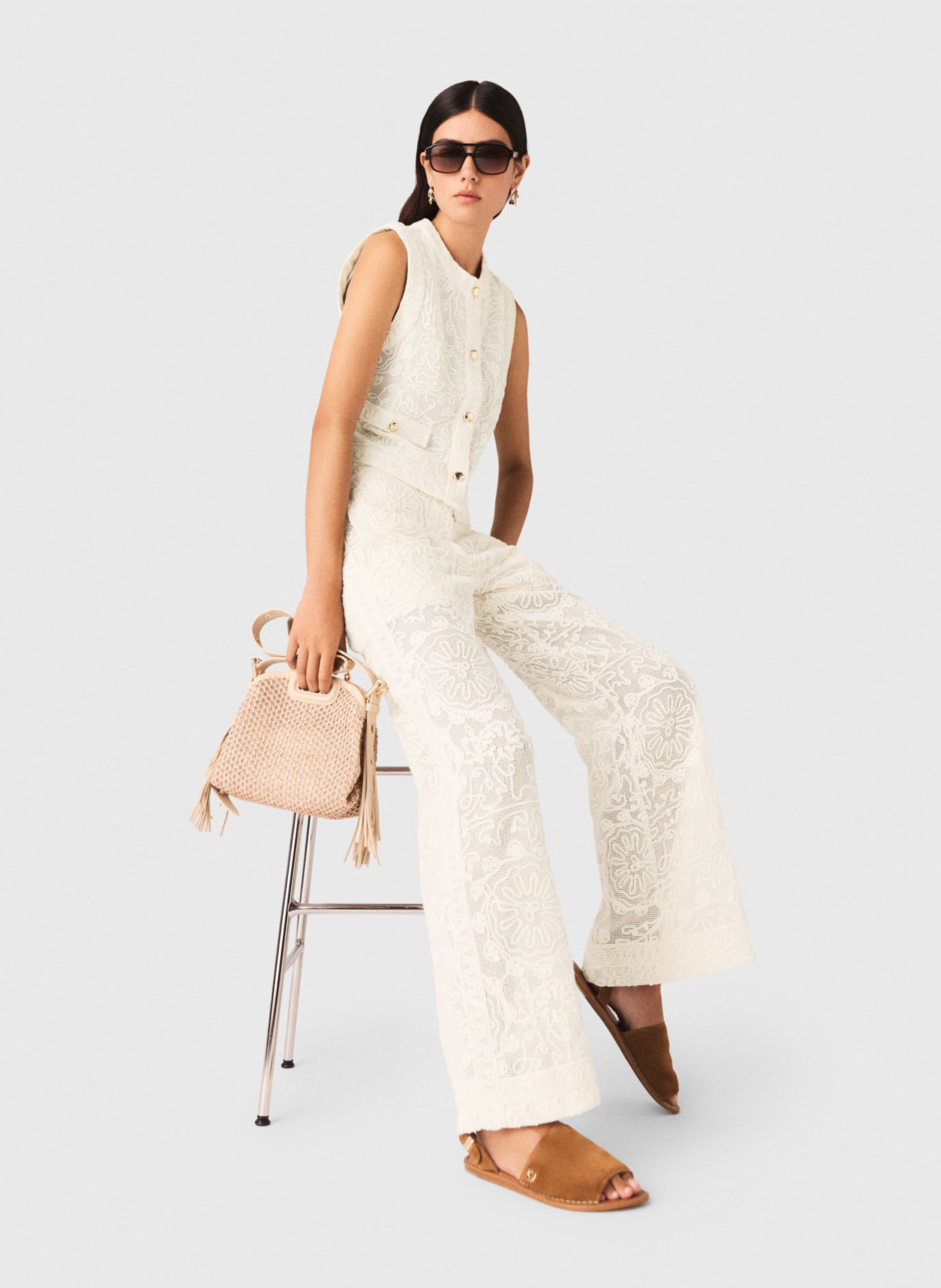 Pantalon flare brodé Beige