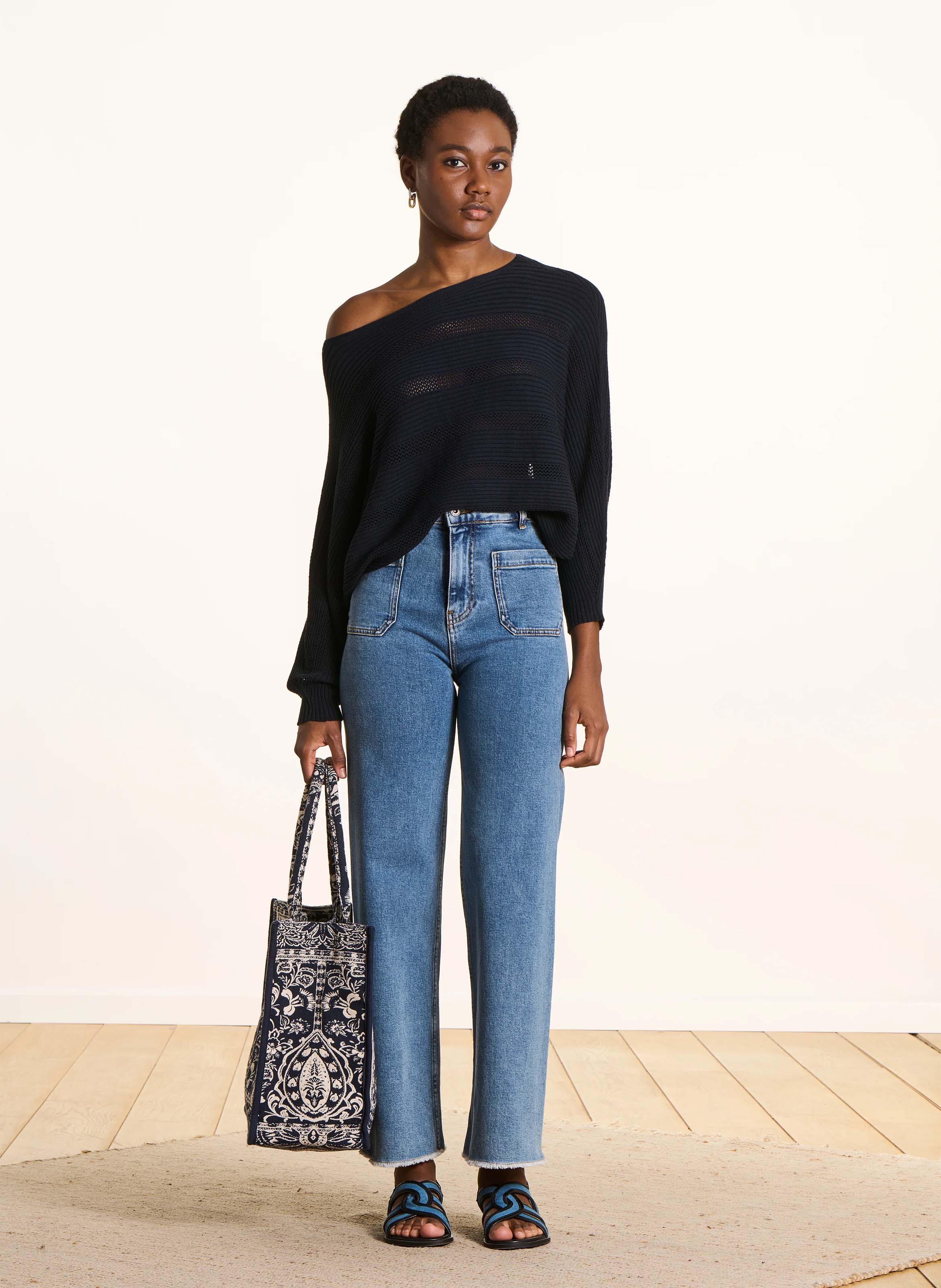Korte trui met cape-effect in effen breisel LA FEE MARABOUTEE Blauw