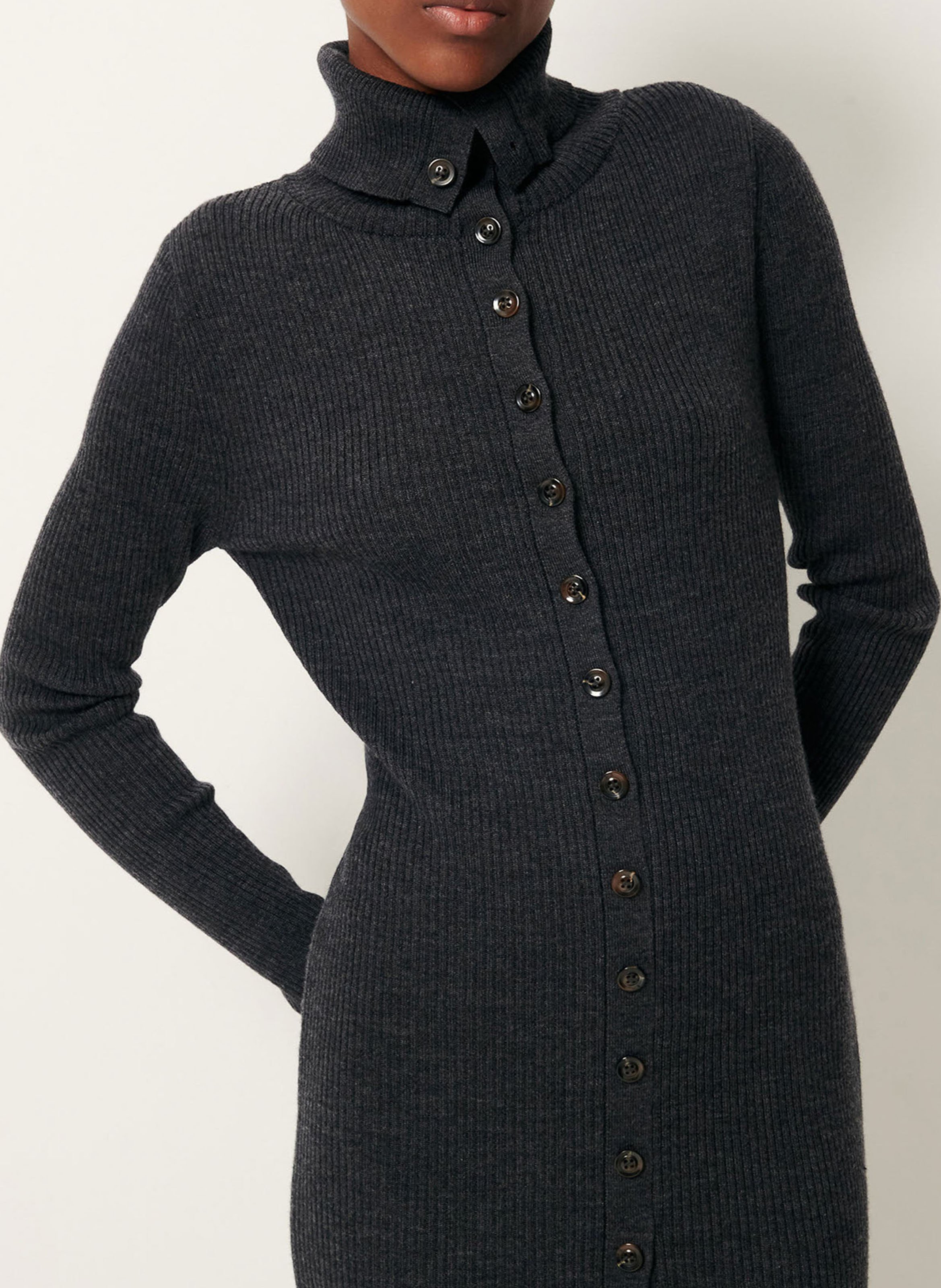 Robe longue col montant en laine mérinos côtelée shimalong SESSUN Gris