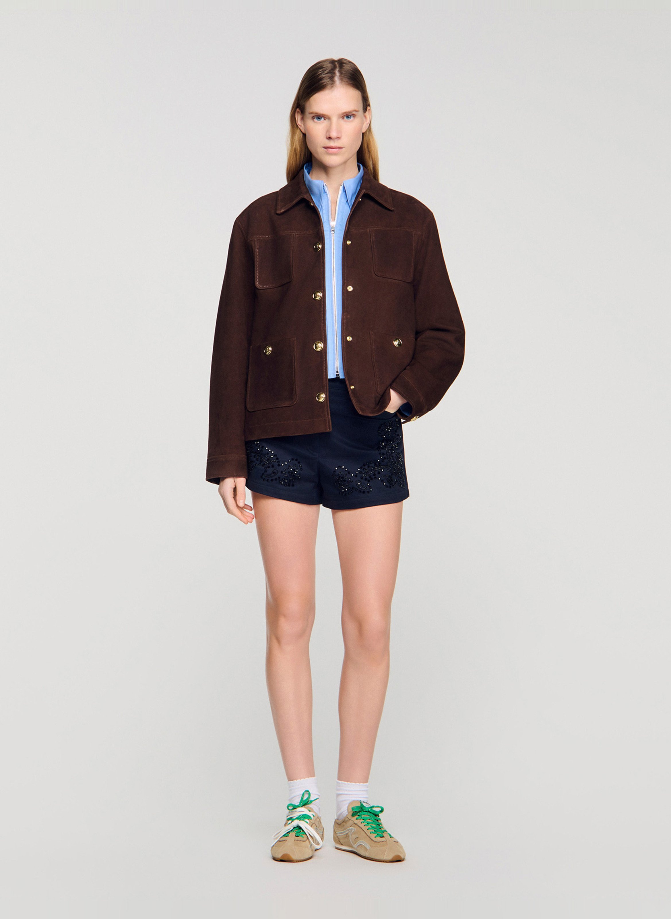 Blouson droit en cuir SANDRO Marron