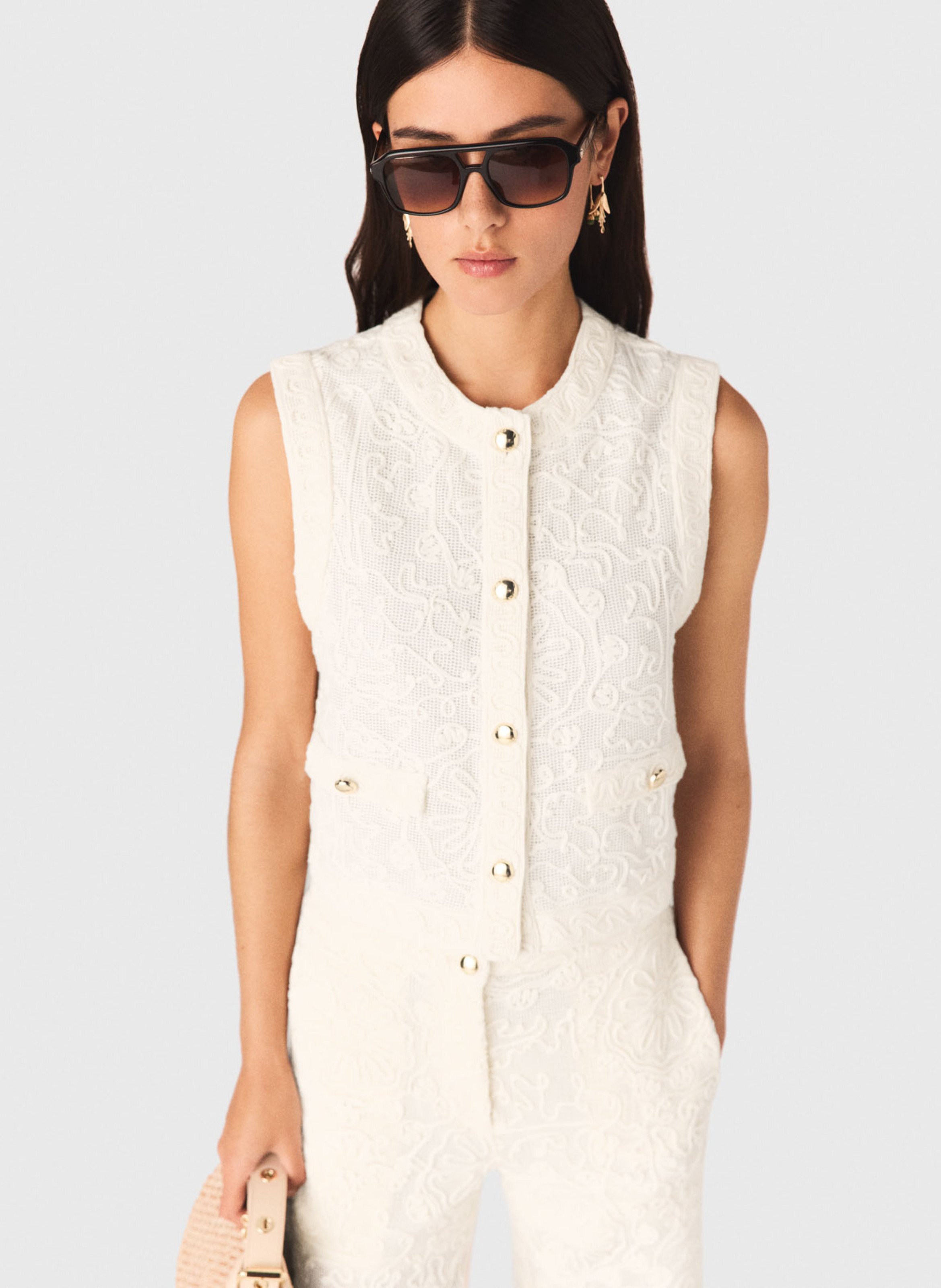 Gilet droit col rond en coton MAJE Beige