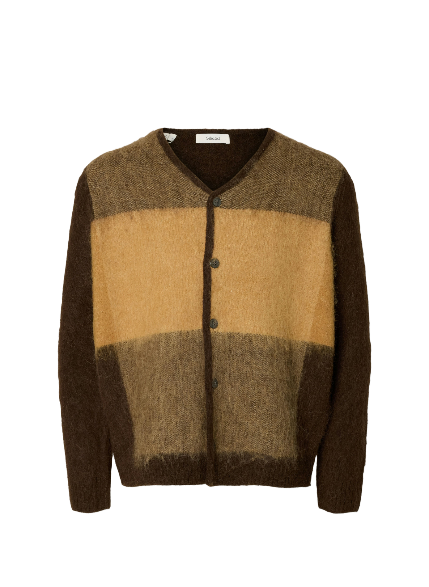 Gerade geschnittene gestreifte Strickjacke mit V-Ausschnitt SELECTED Braun