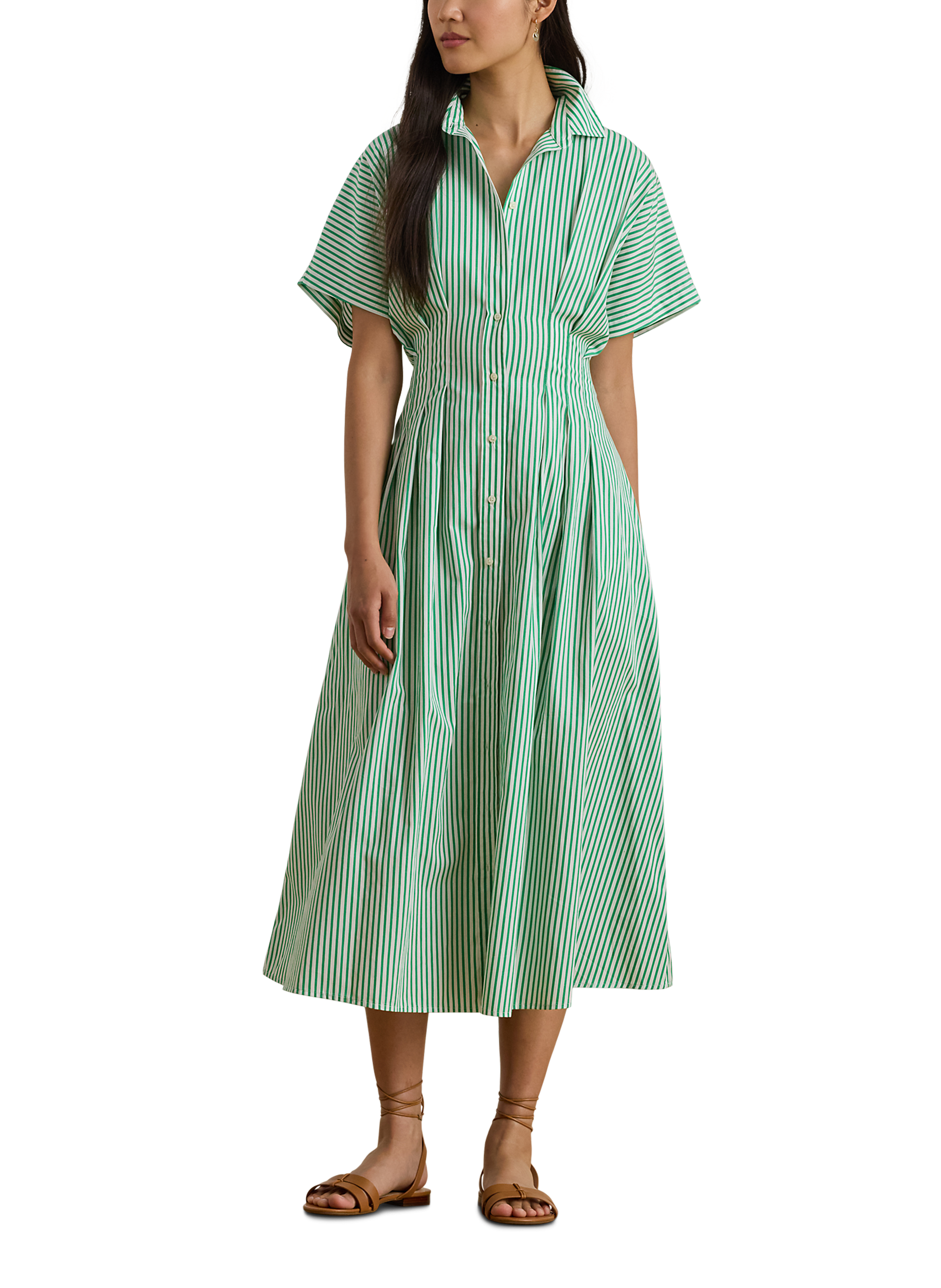 Flared Striped Cotton Dress LAUREN Green