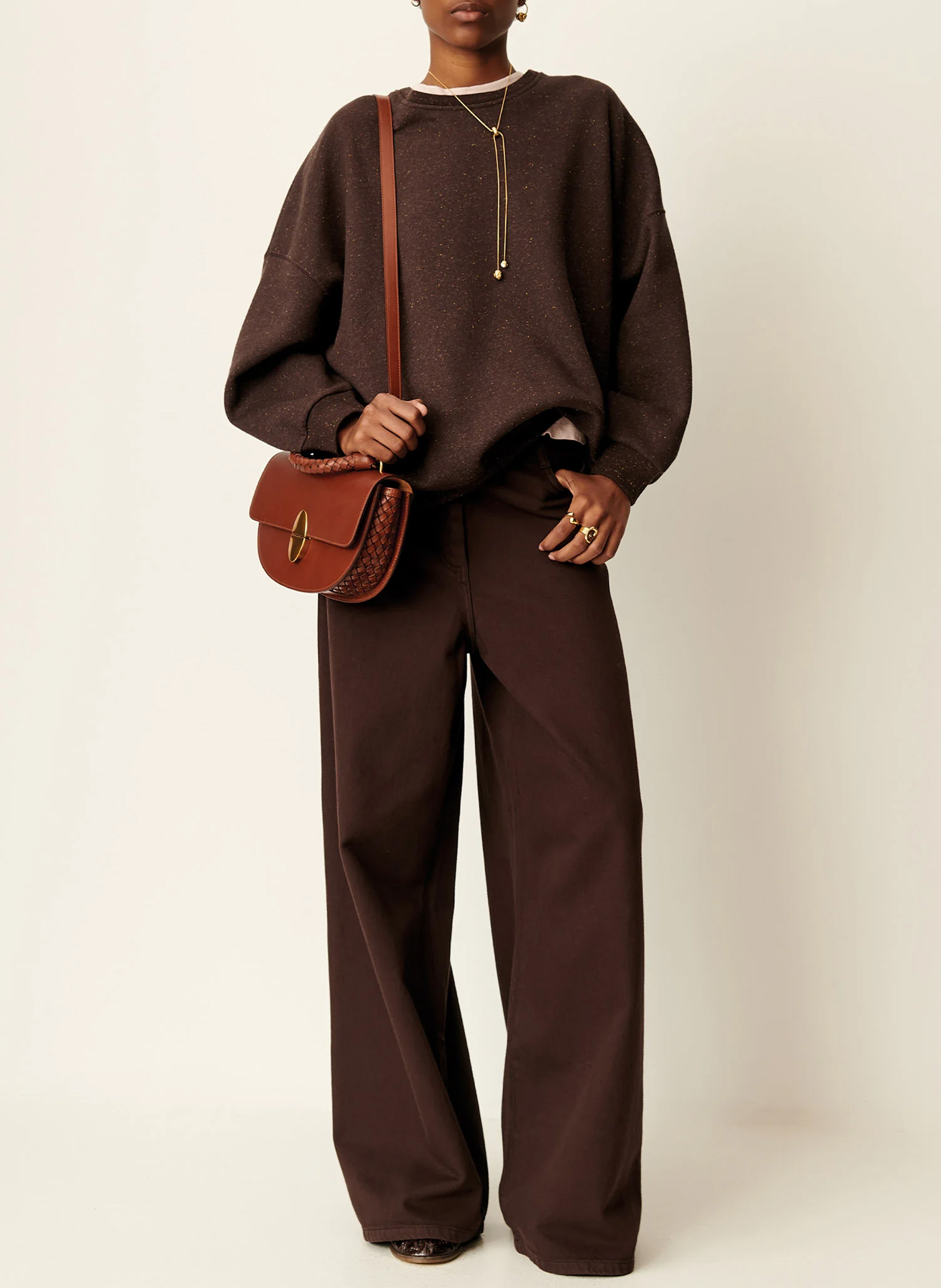 Sweat ample col rond moucheté en coton bio mélangé chebbi SESSUN Marron