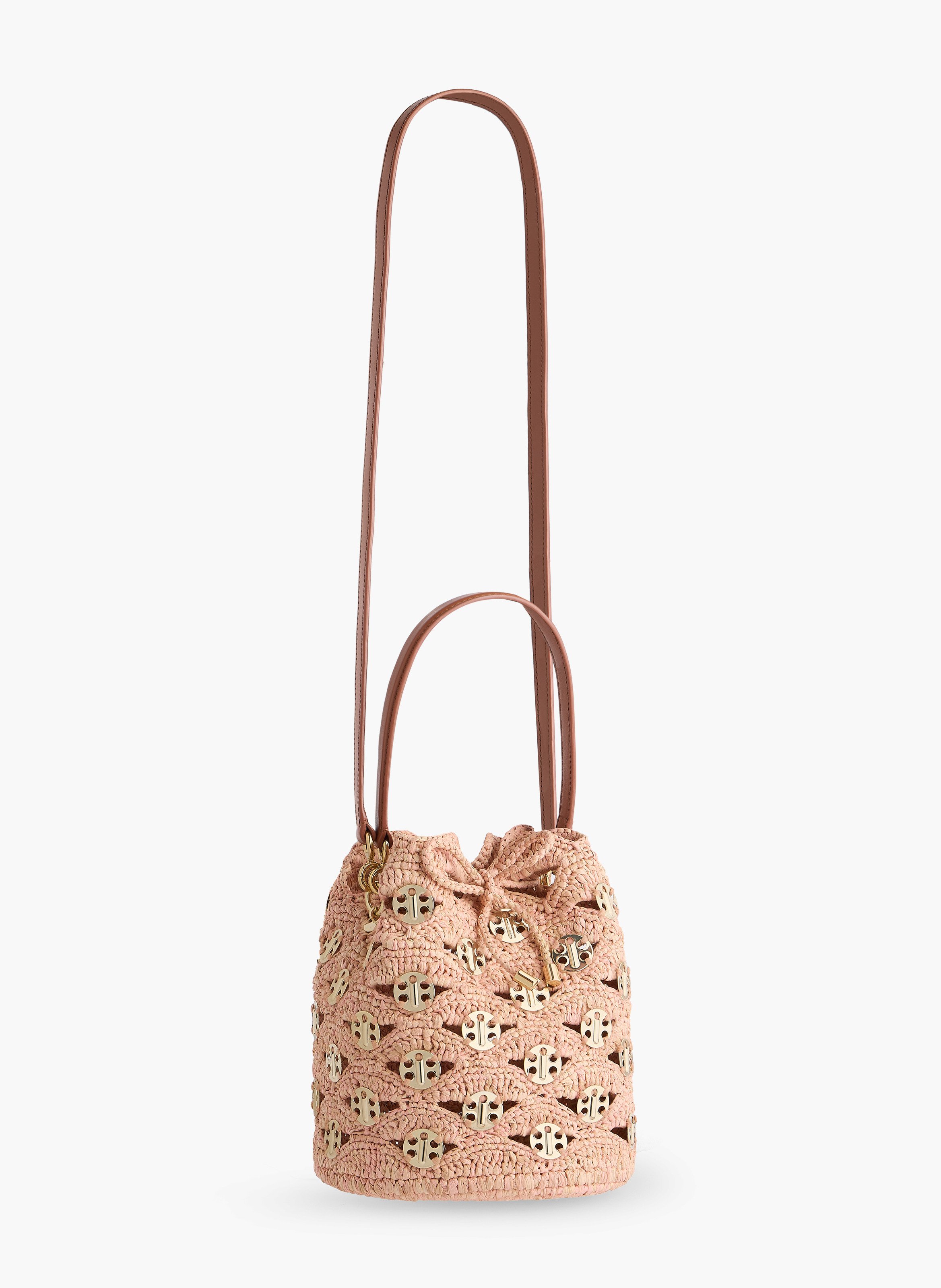 Sac seau moyen en raphia naturel avec disques signature 1969 RABANNE Doré