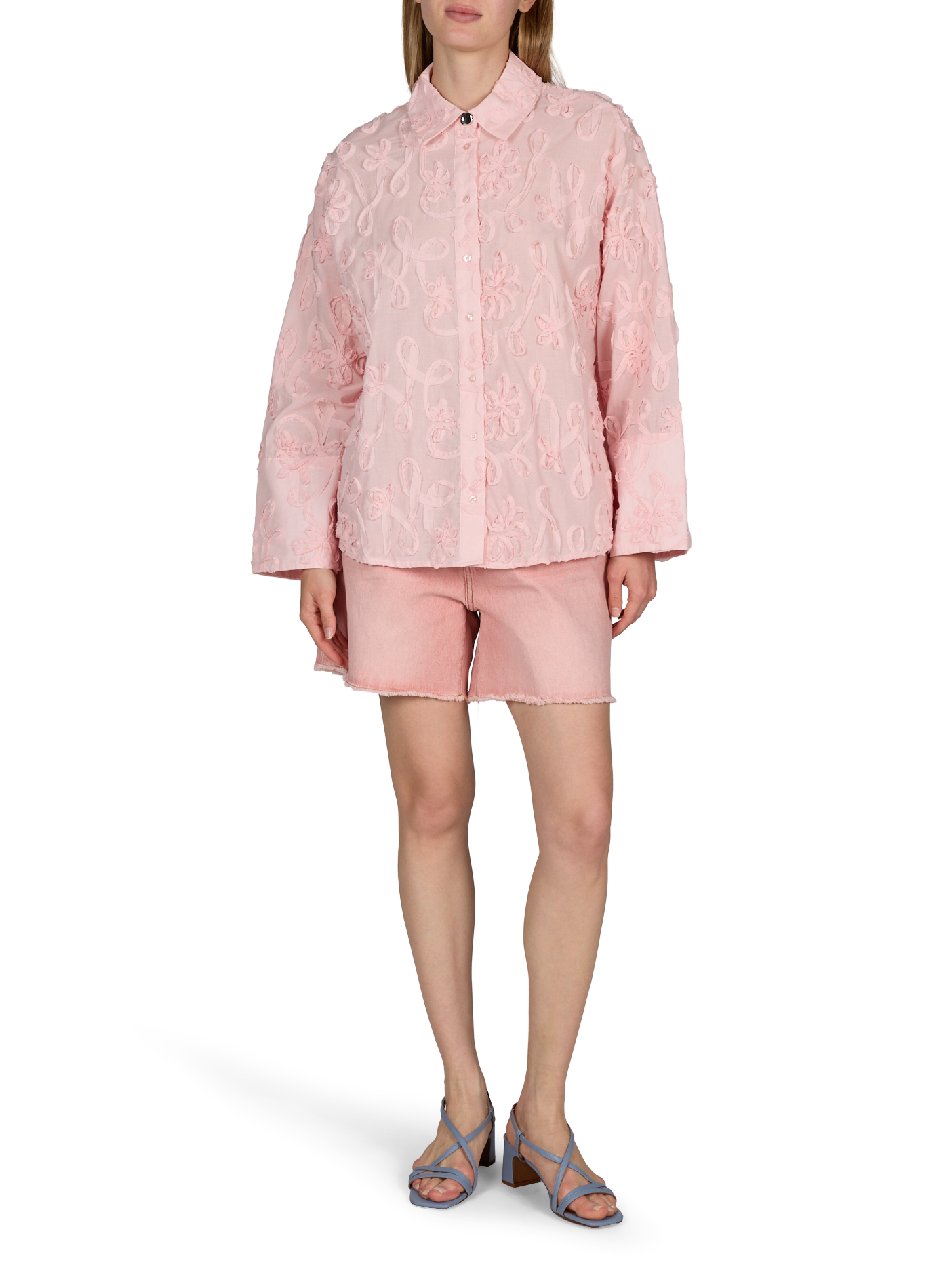 Chemise droite brodée en coton OBJECT Rose