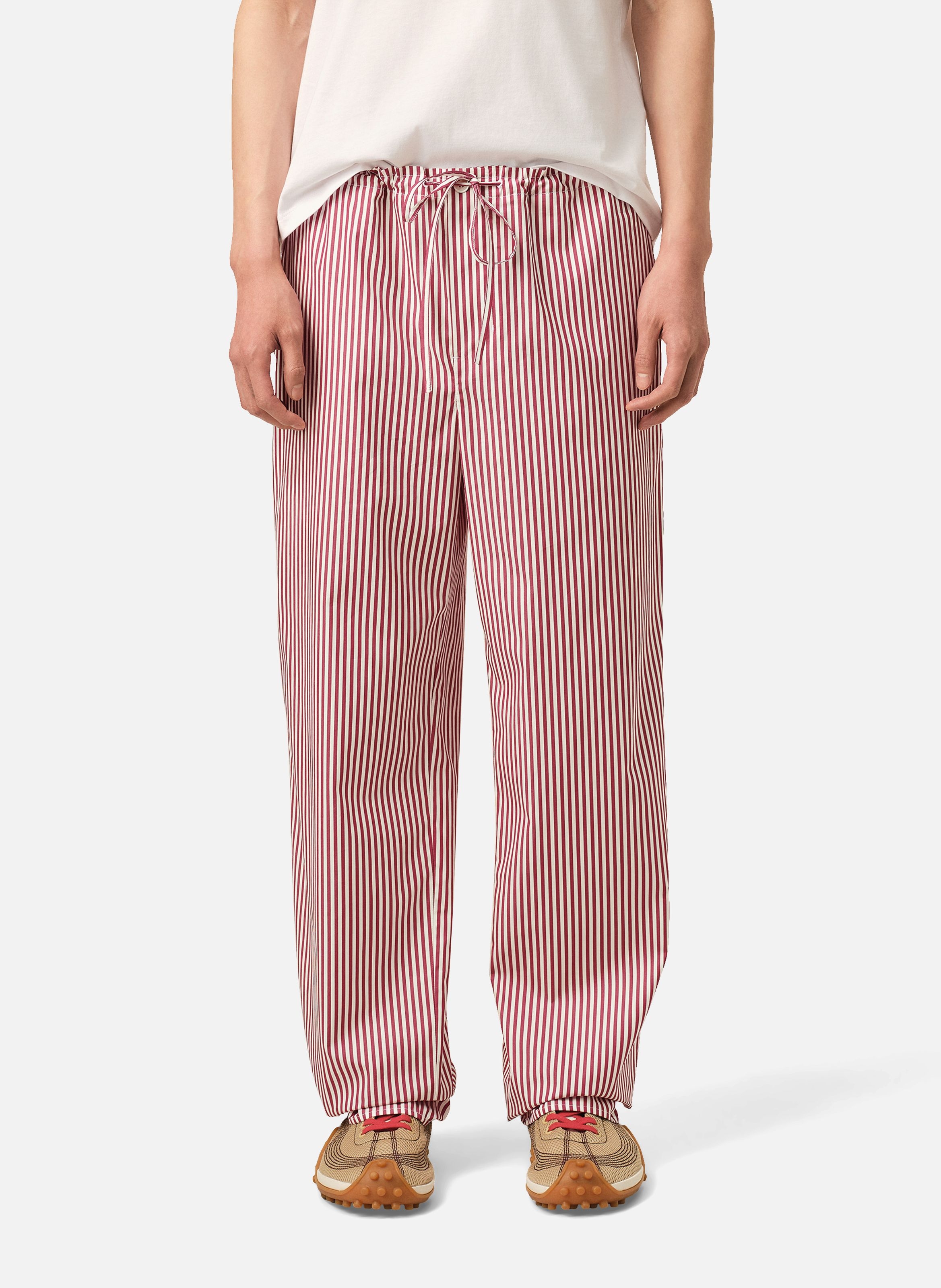 Pantalon taille élastiquée à rayures unisexe en coton AMI PARIS Blanc