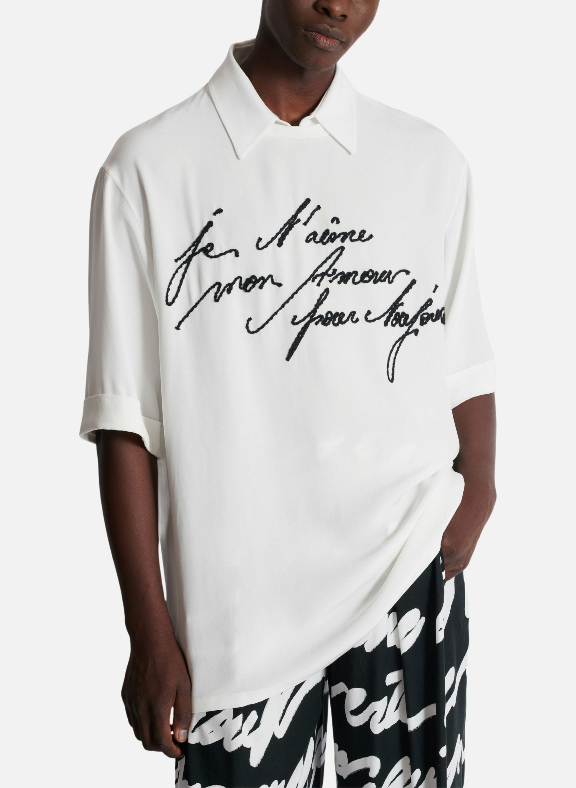 T-shirt à col chemise brodé « lettre d'amour » BALMAIN Blanc