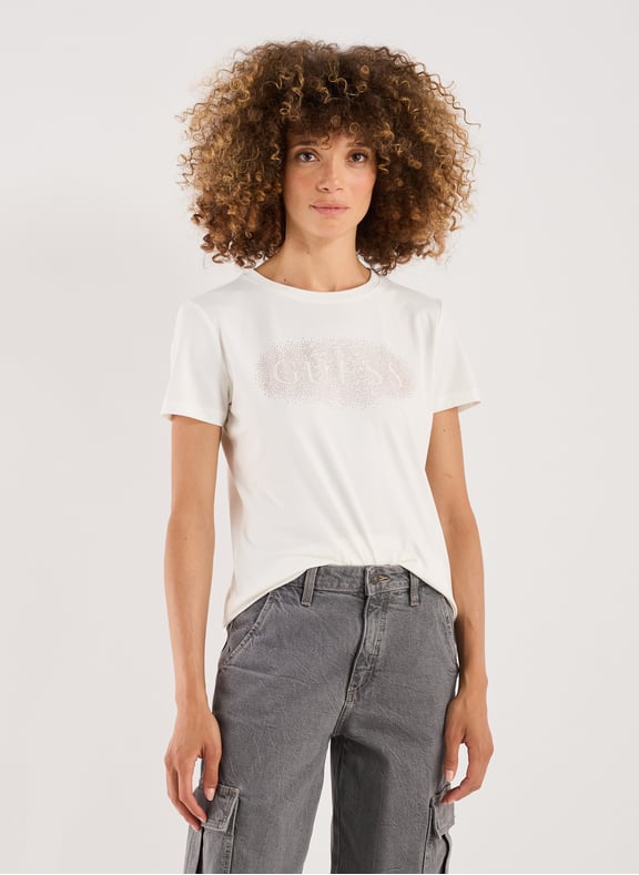 T-shirt en coton mélangé Beige by GUESS GUESS T-shirt en coton mélangé Beige