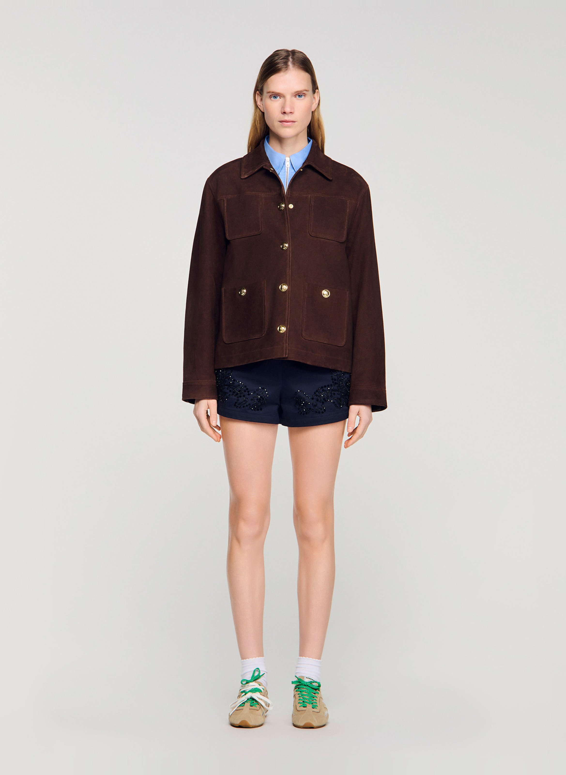 Blouson droit en cuir SANDRO Marron