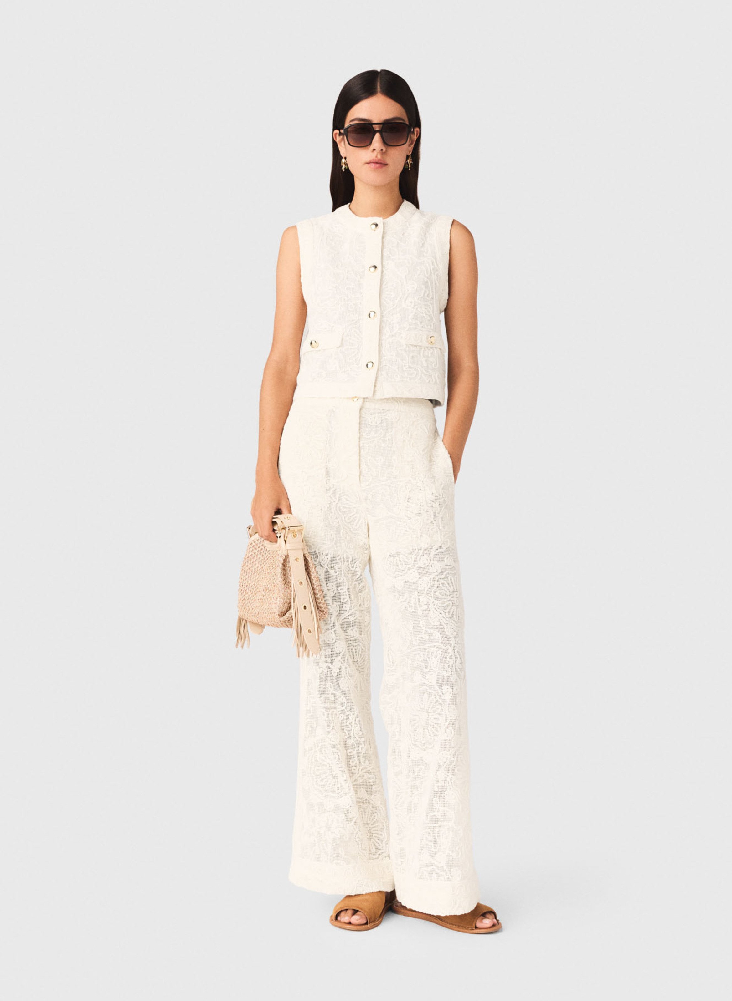 Gilet droit col rond en coton MAJE Beige