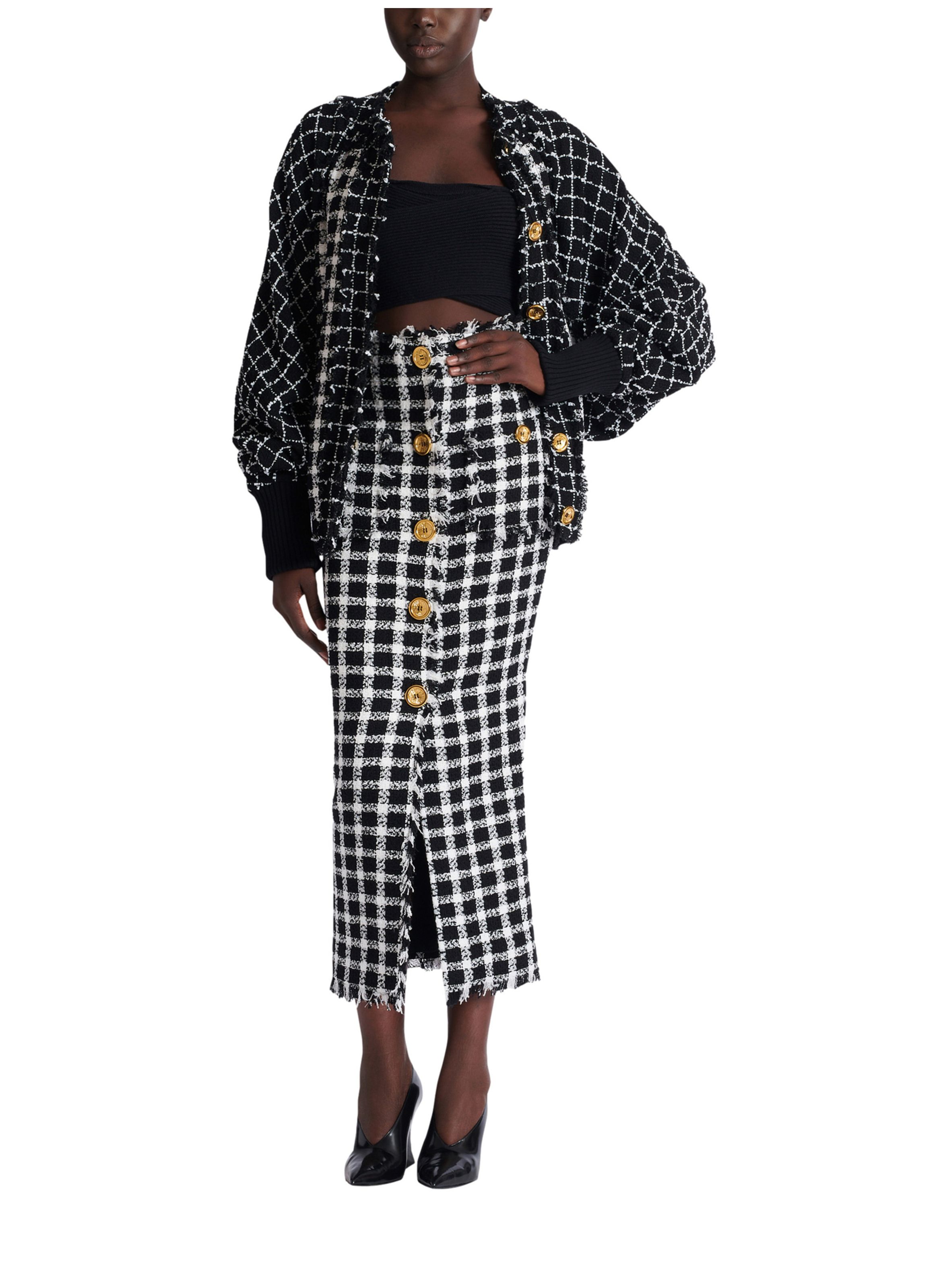 Jupe longue en tweed vichy BALMAIN Noir