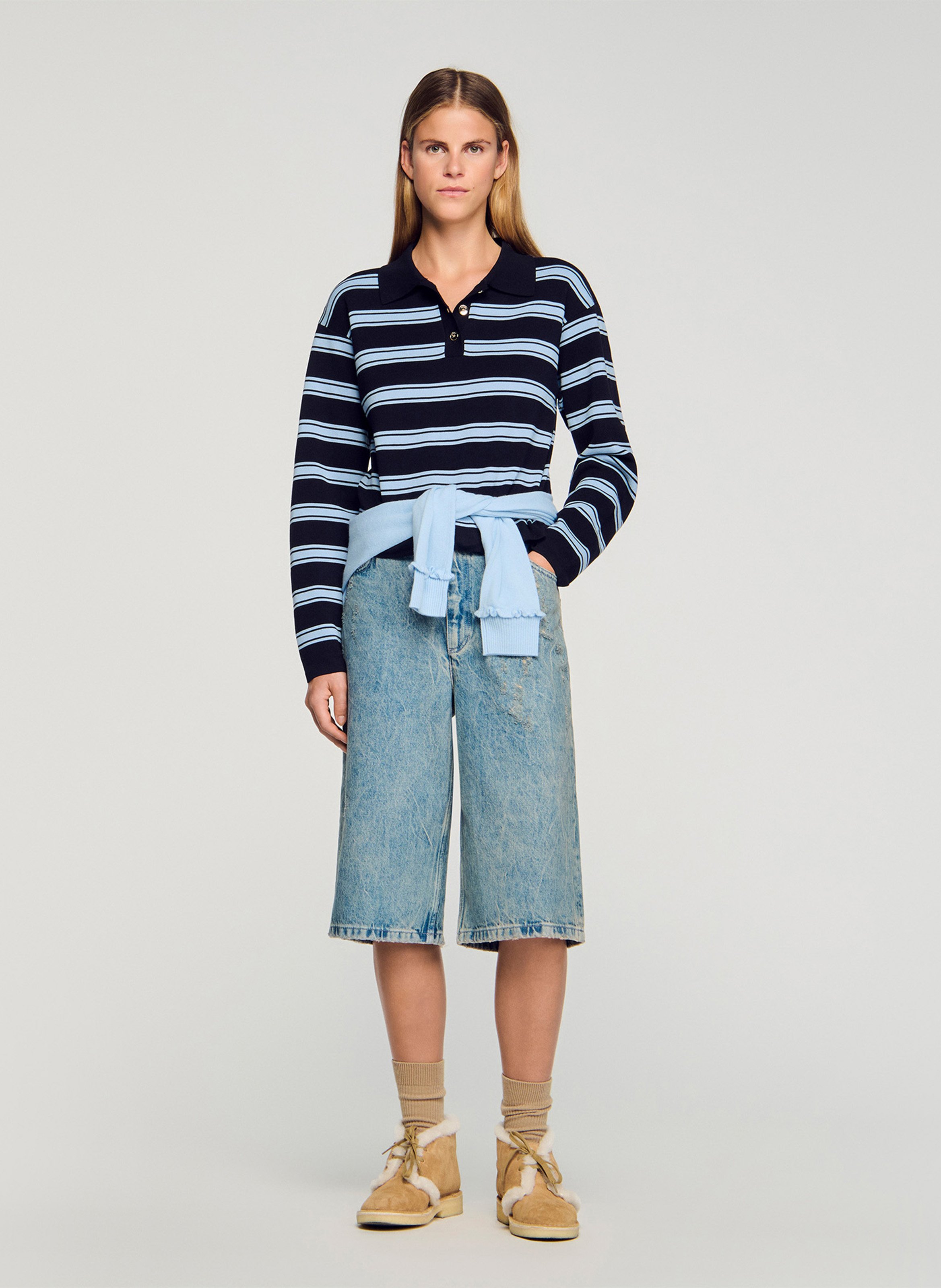 Polo droit en coton soie et lin Bleu