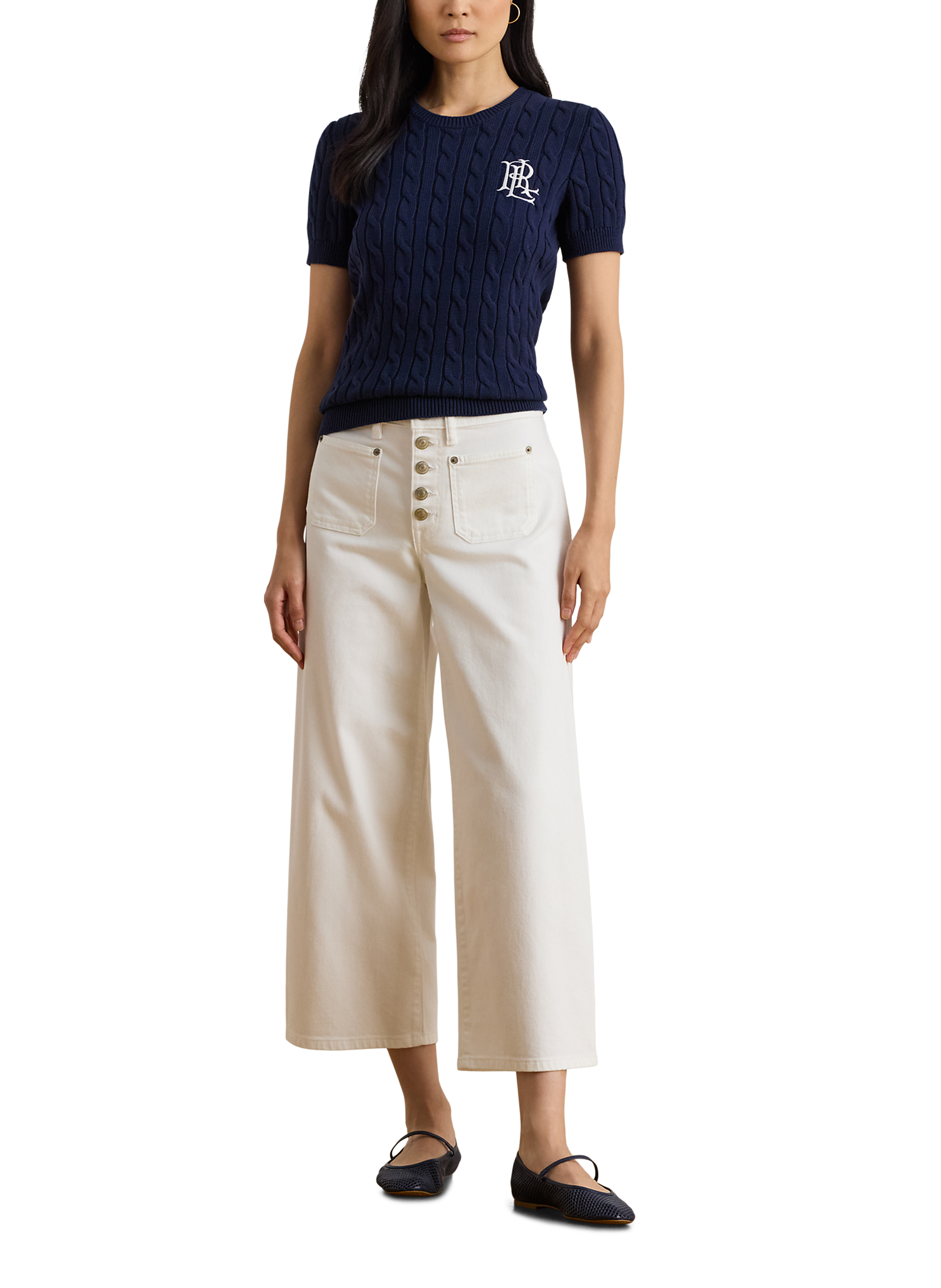 Short-sleeved twisted knit cotton sweater LAUREN Blue