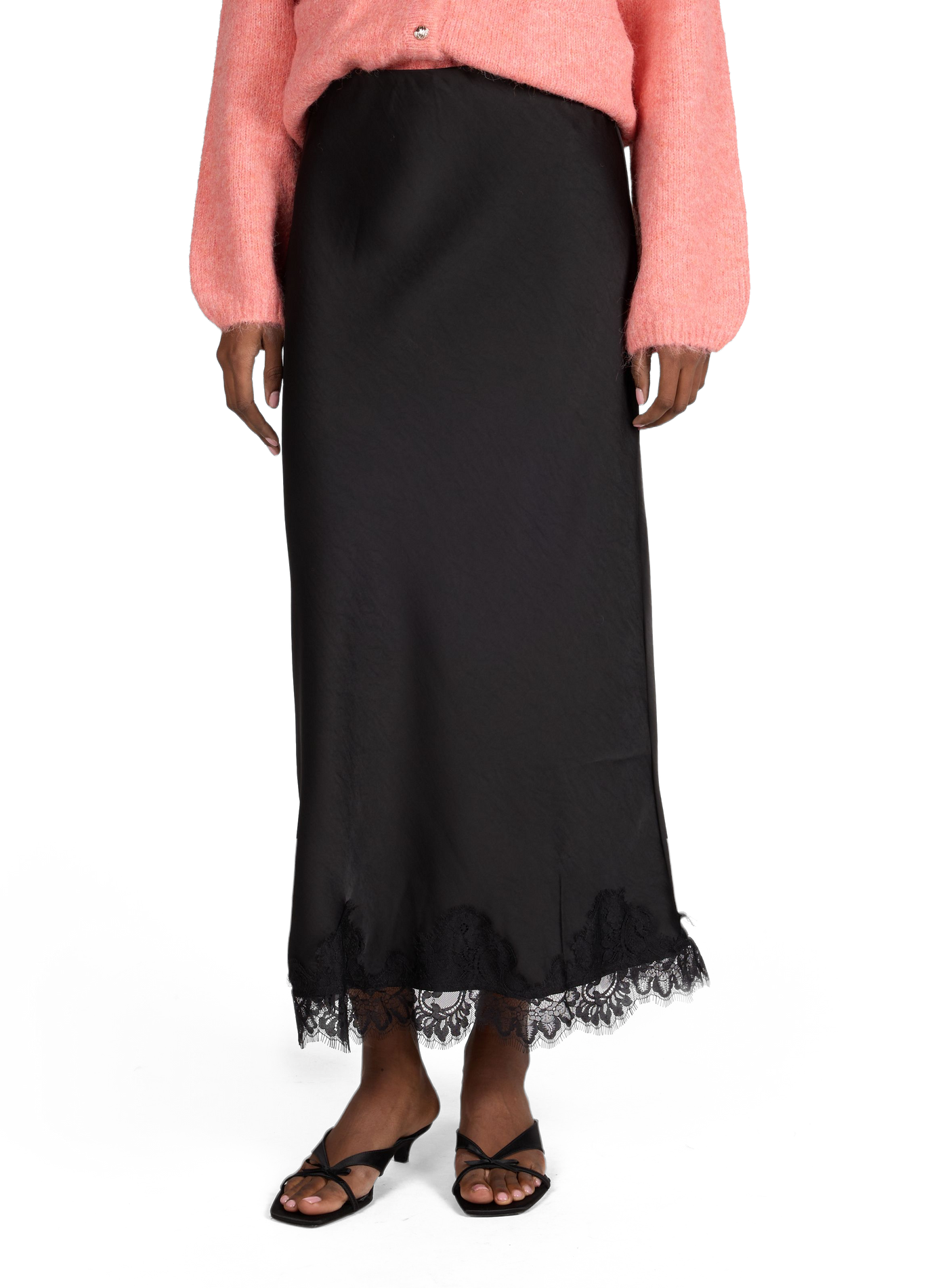 Satin skirt with lace trim OBJECT Black