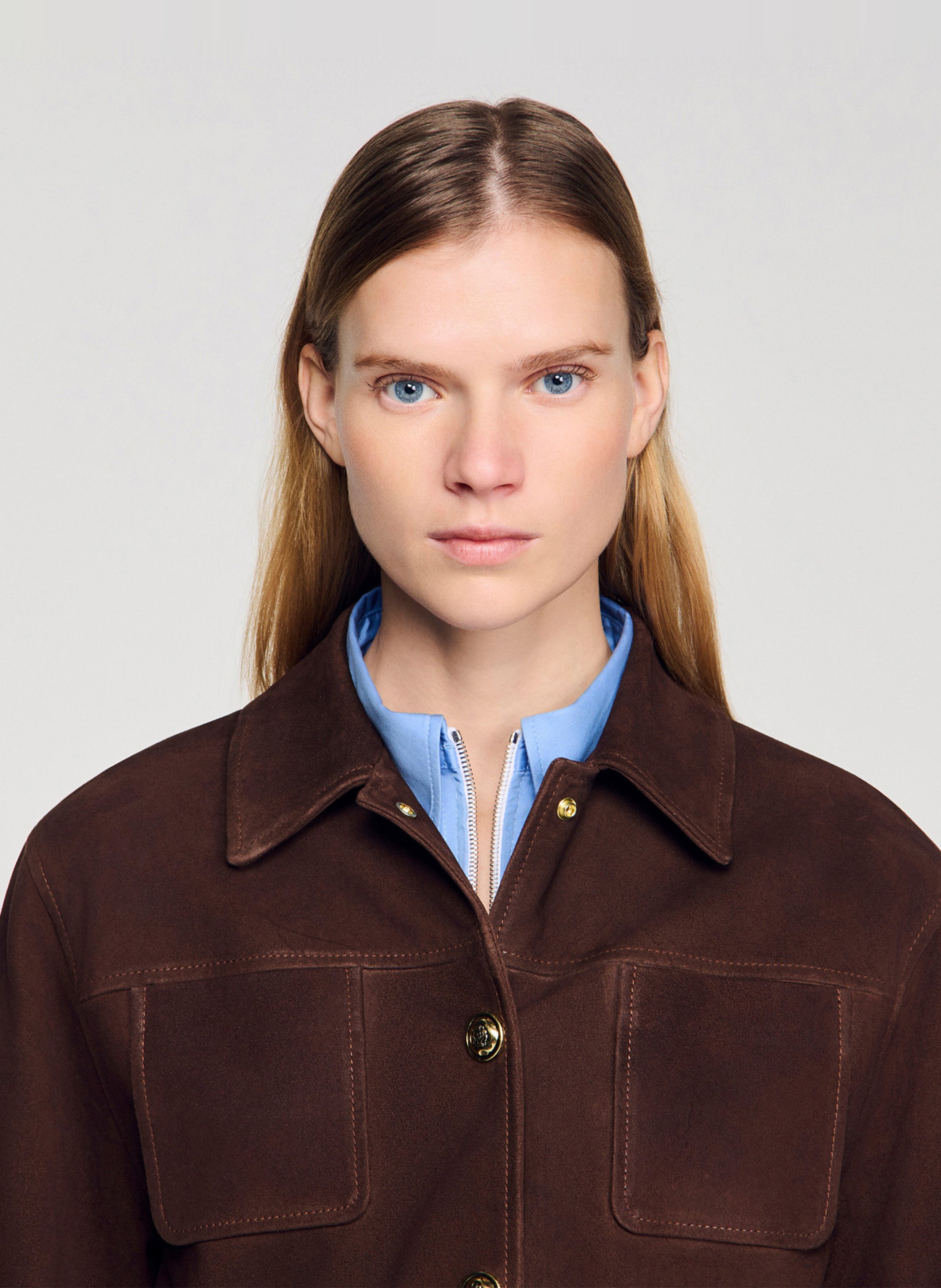 Blouson droit en cuir SANDRO Marron