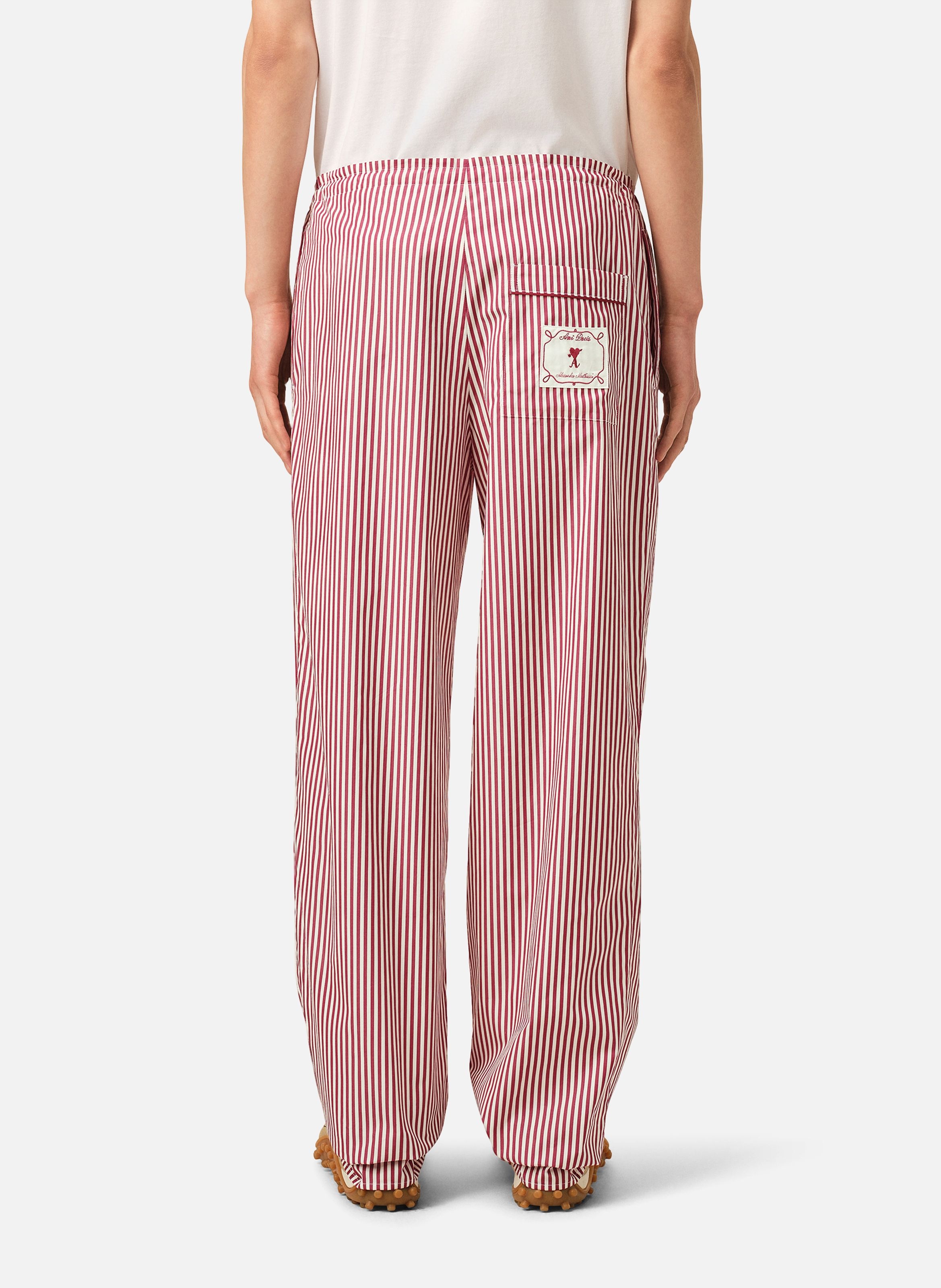 Pantalon taille élastiquée à rayures unisexe en coton AMI PARIS Blanc