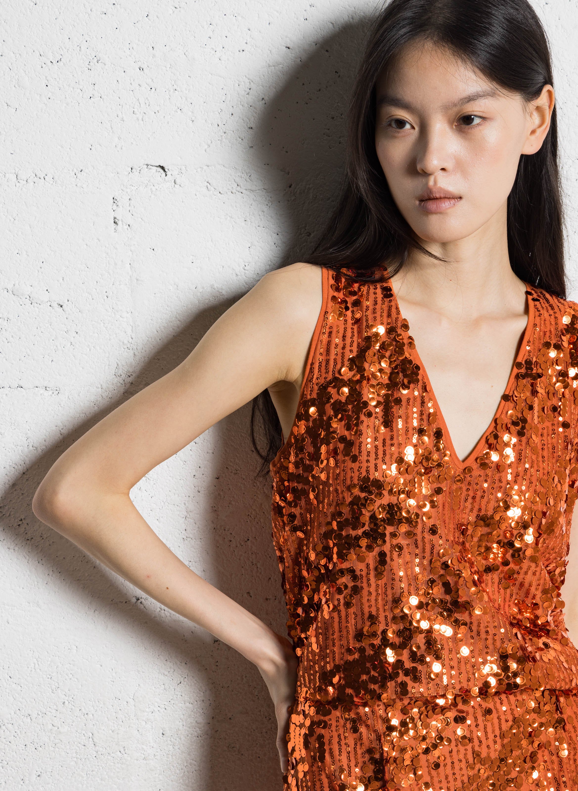 Top droit col v à sequins IKKS Orange