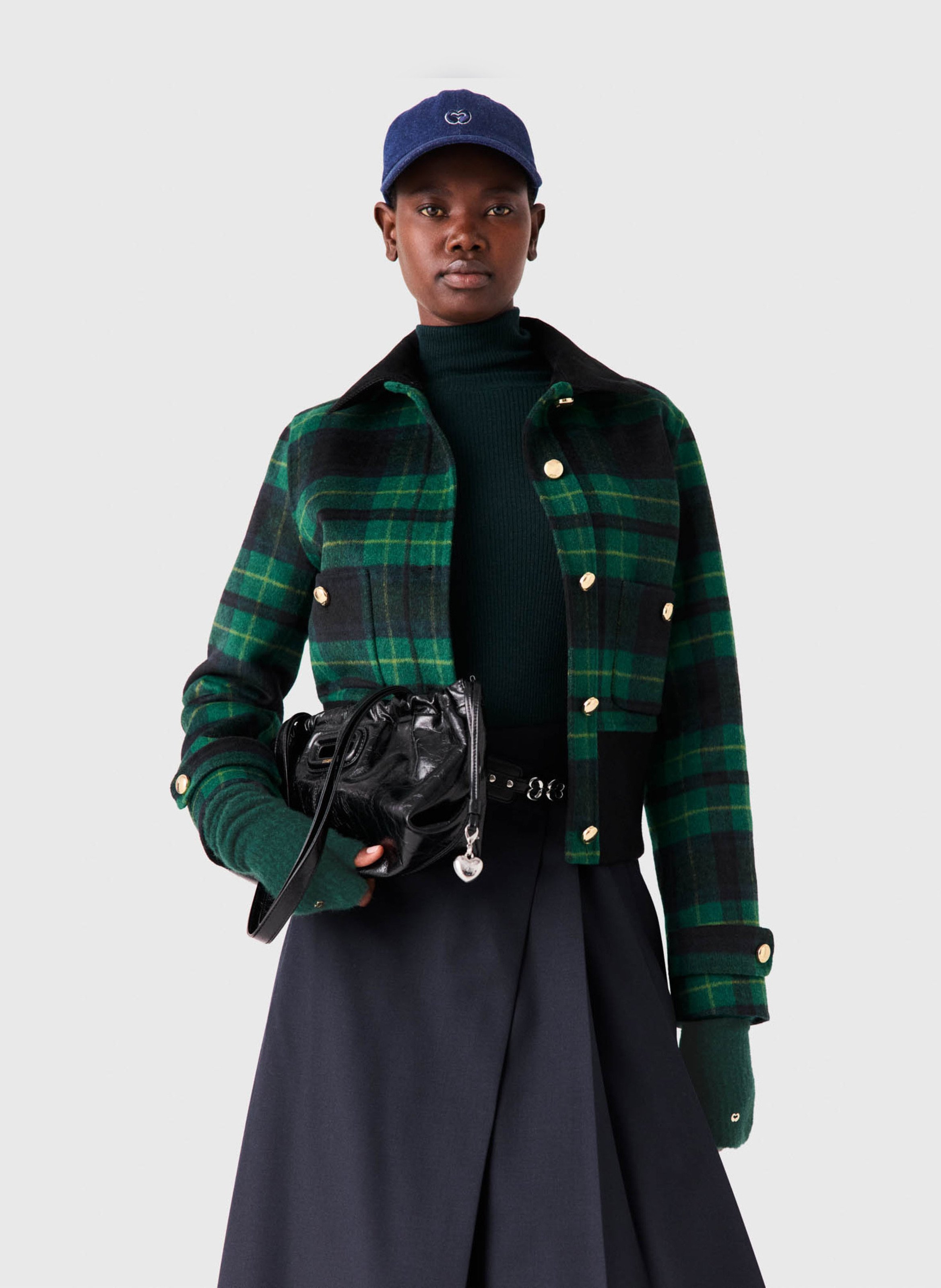 Veste droite col classique à carreaux en laine mélangée MAJE Bleu
