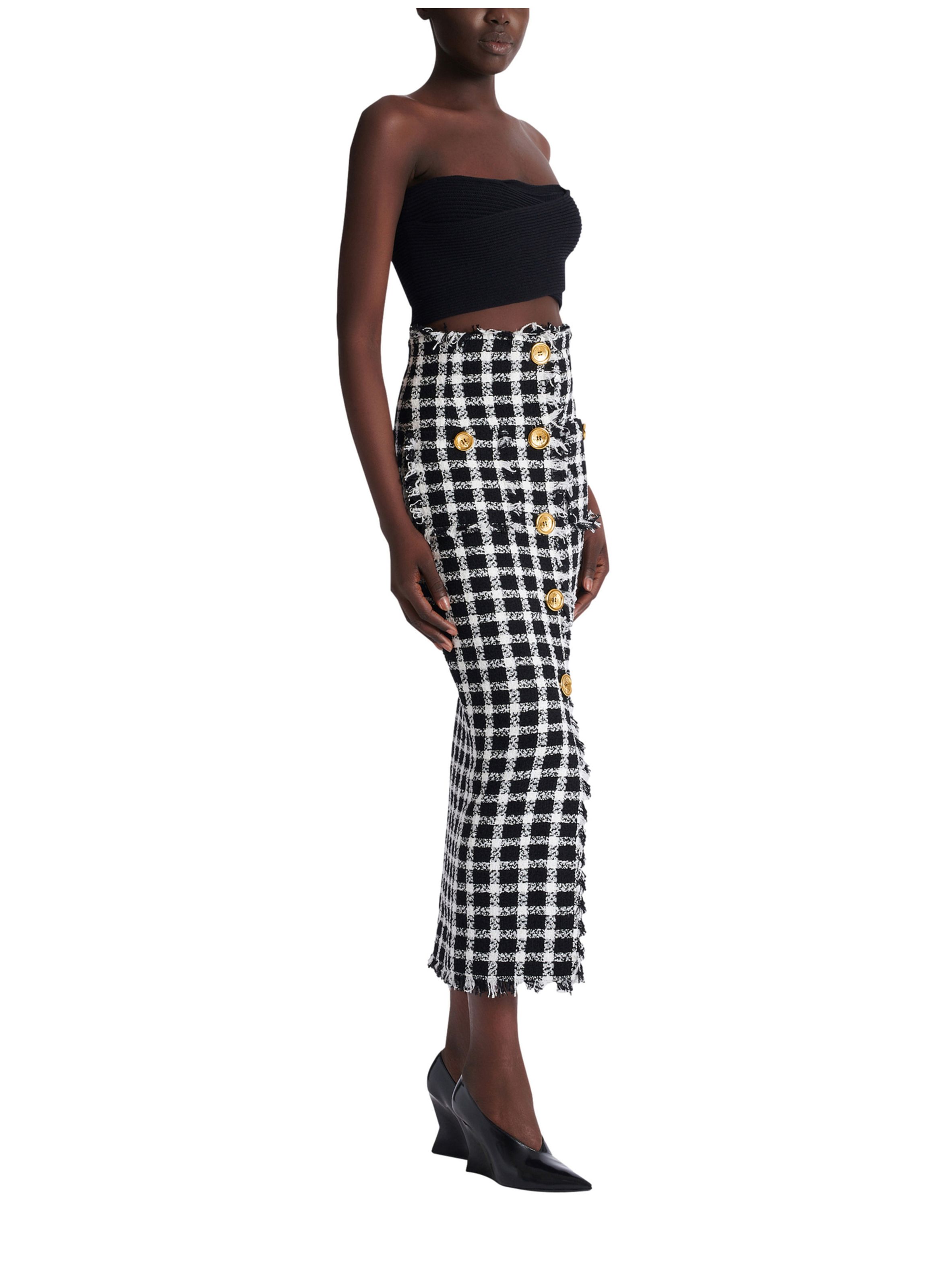 Jupe longue en tweed vichy BALMAIN Noir