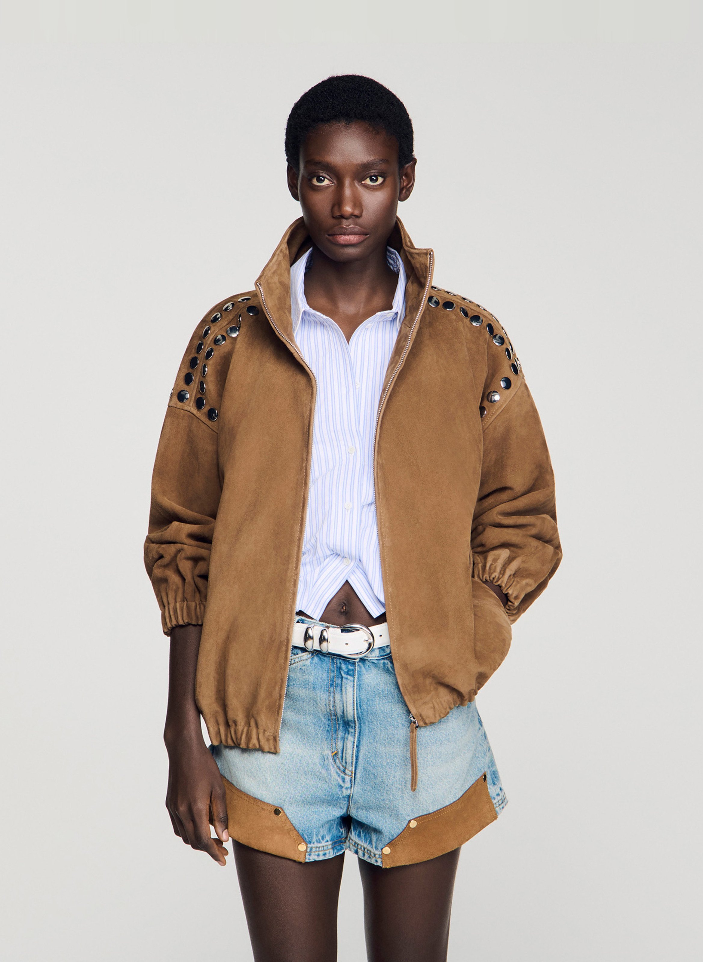 Blouson oversize en cuir SANDRO Marron