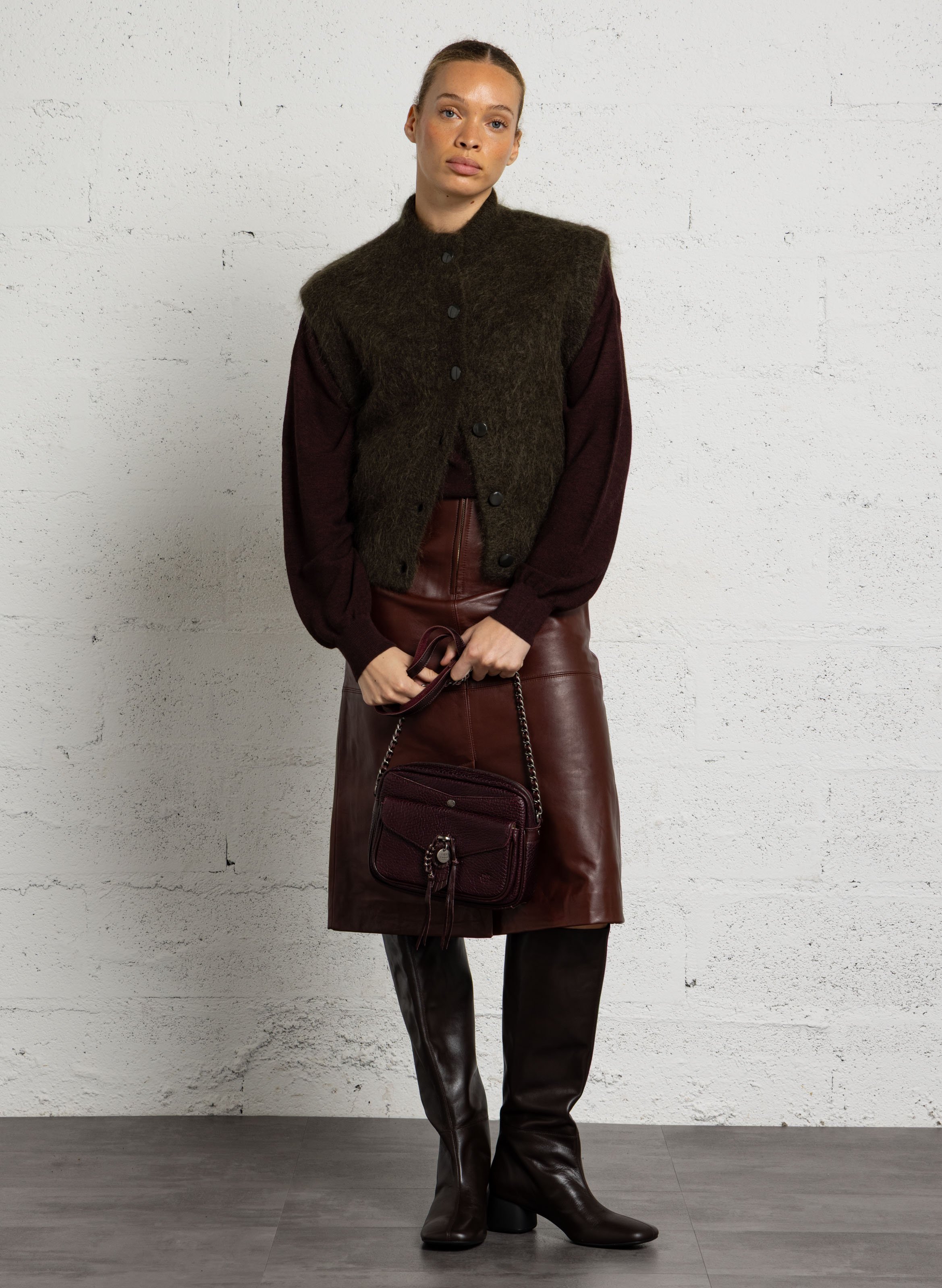 Jupe midi évasée en cuir violette MAISON 123 Rouge