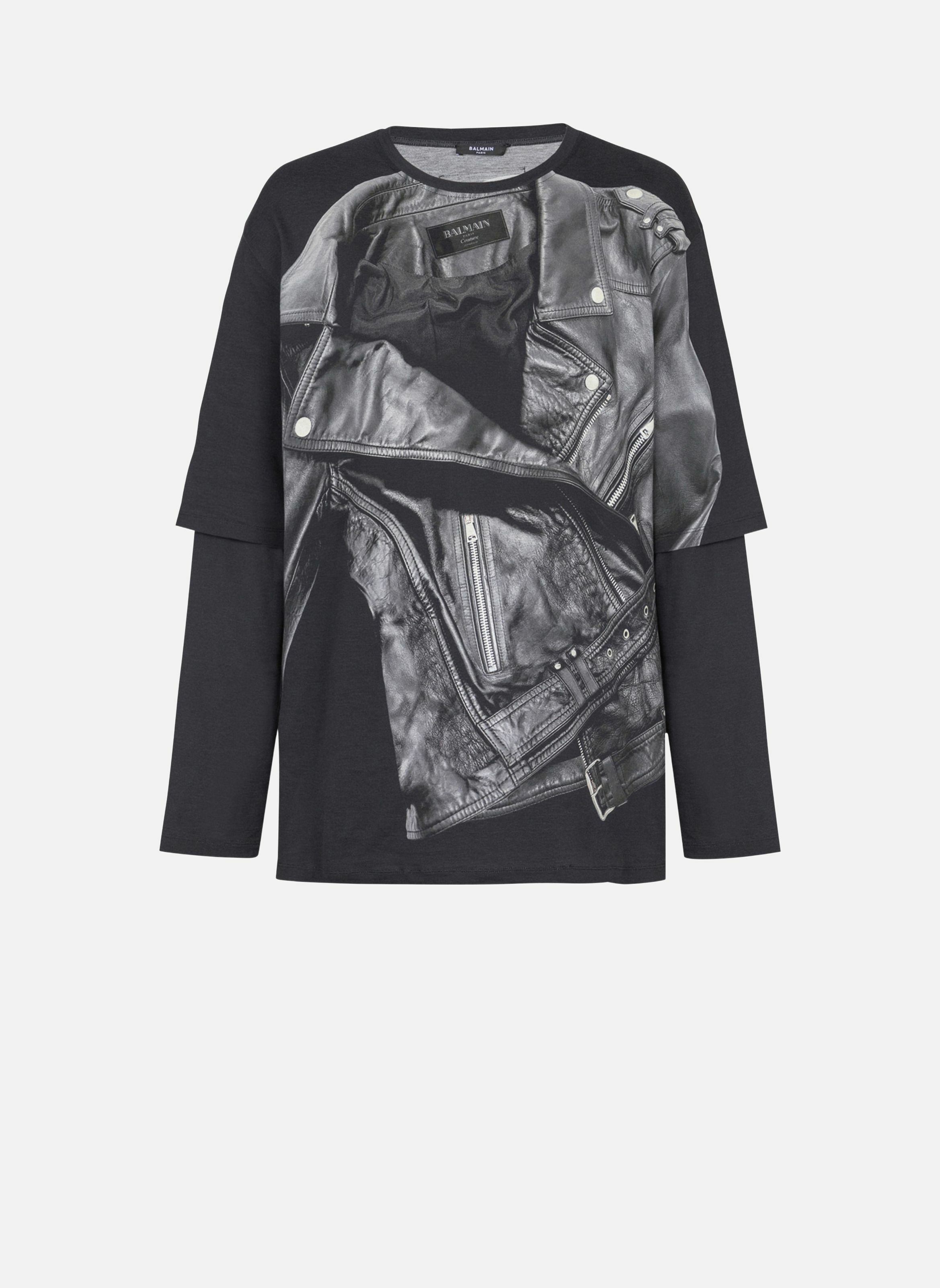 T-shirt à manches longues imprimé trompe-l’œil veste biker BALMAIN Noir