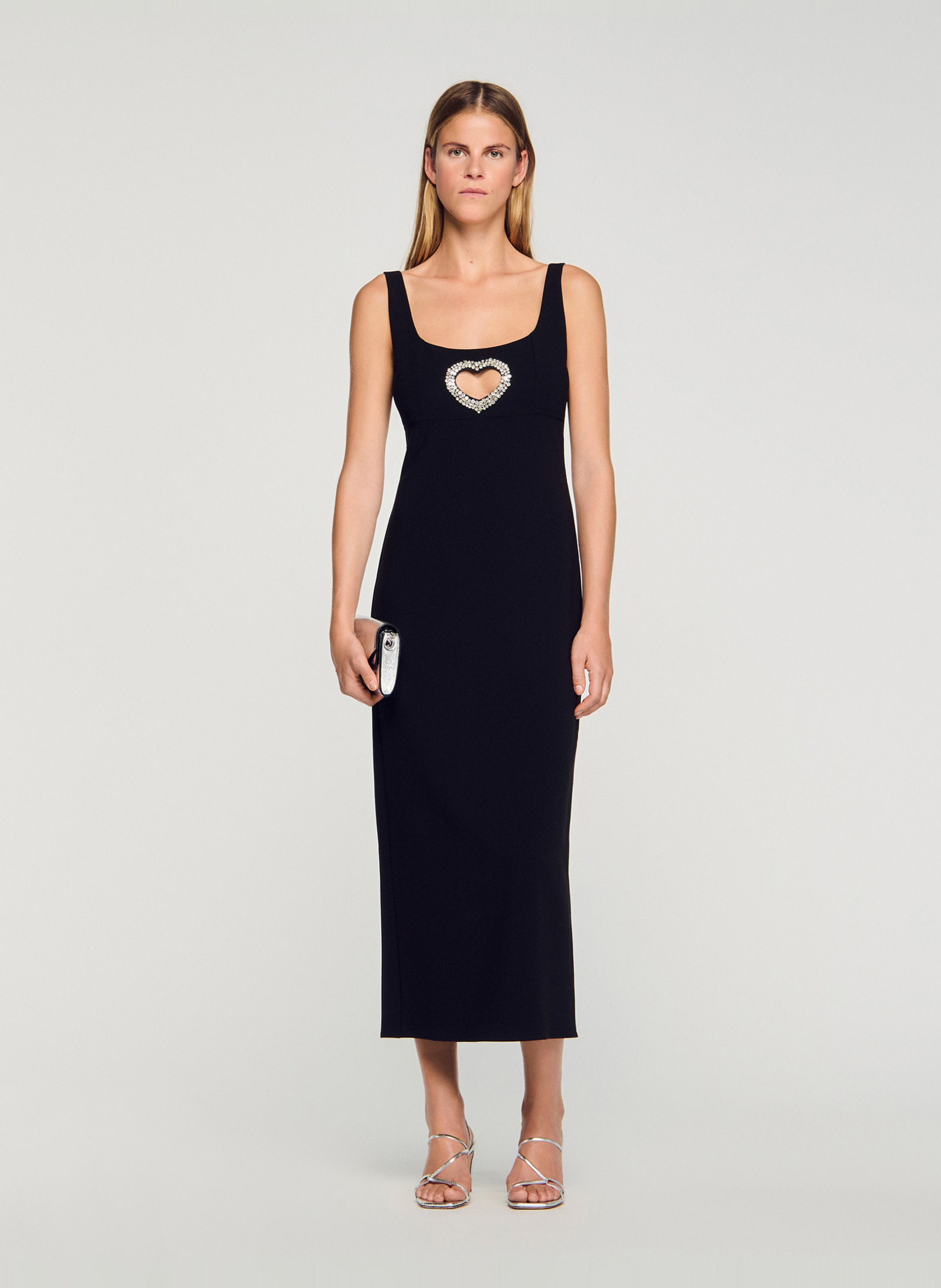 Robe courte à bretelles ajustée à strass SANDRO Noir