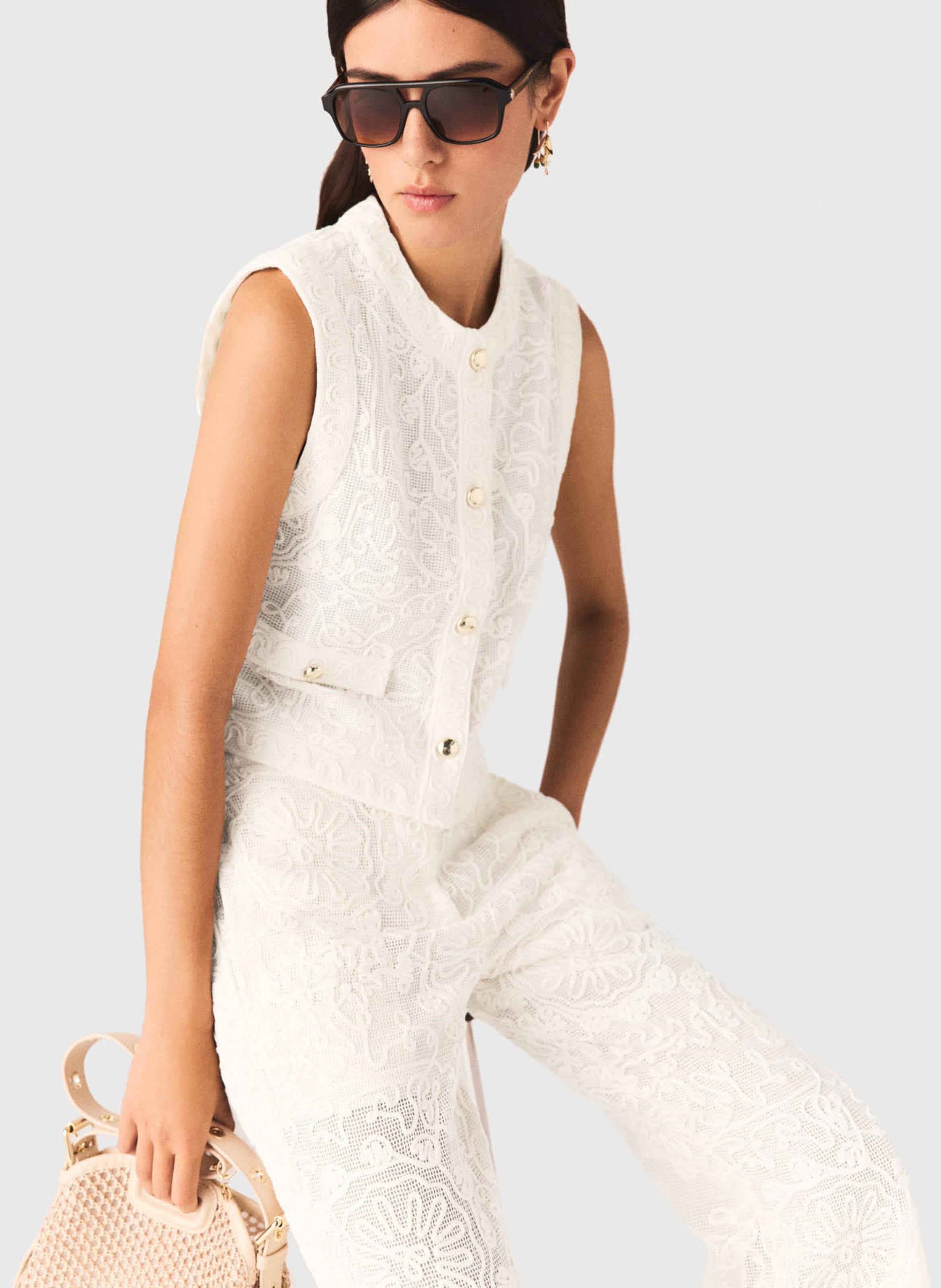 Gilet droit col rond en coton MAJE Beige