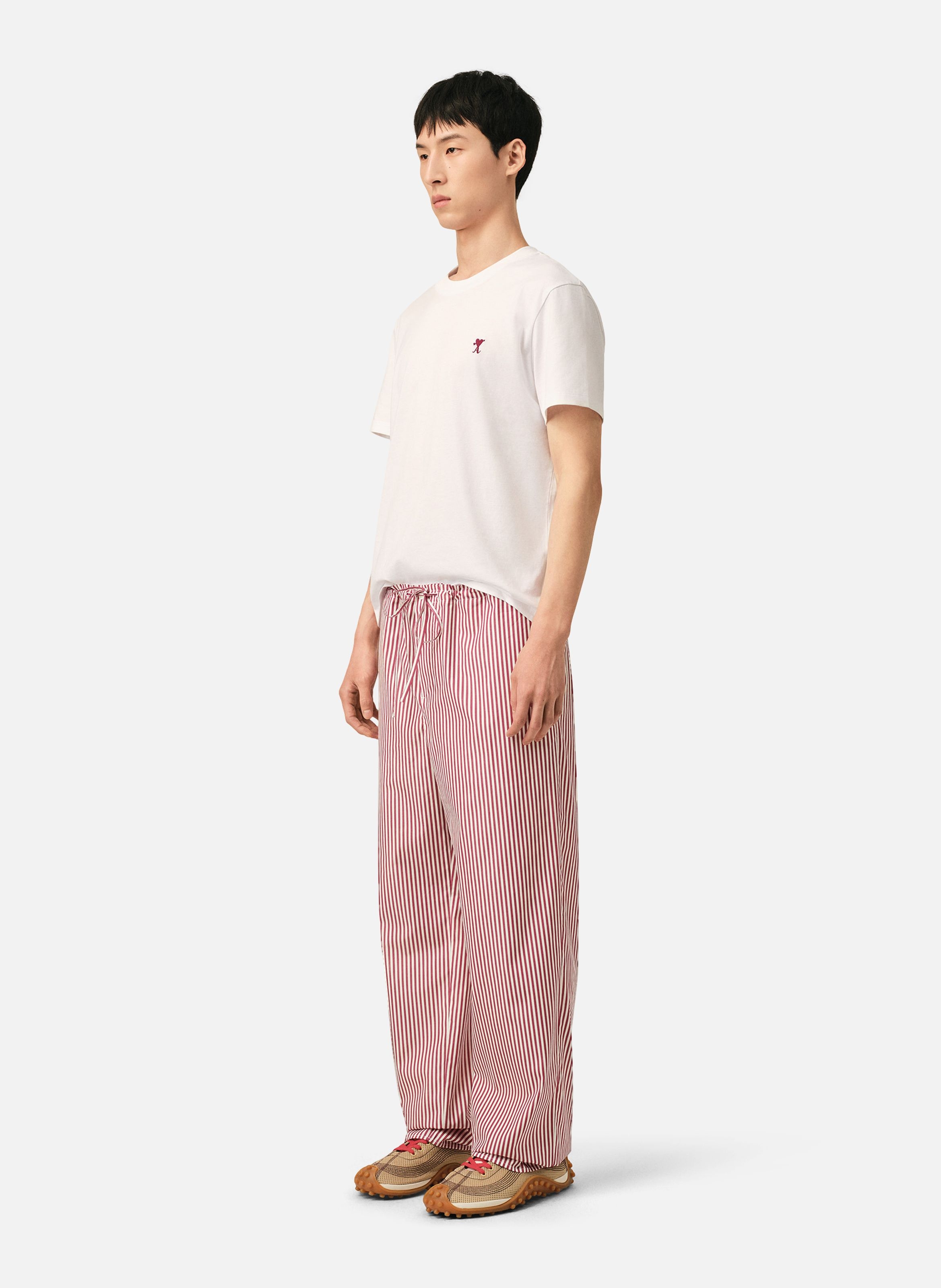 Pantalon taille élastiquée à rayures unisexe en coton AMI PARIS Blanc